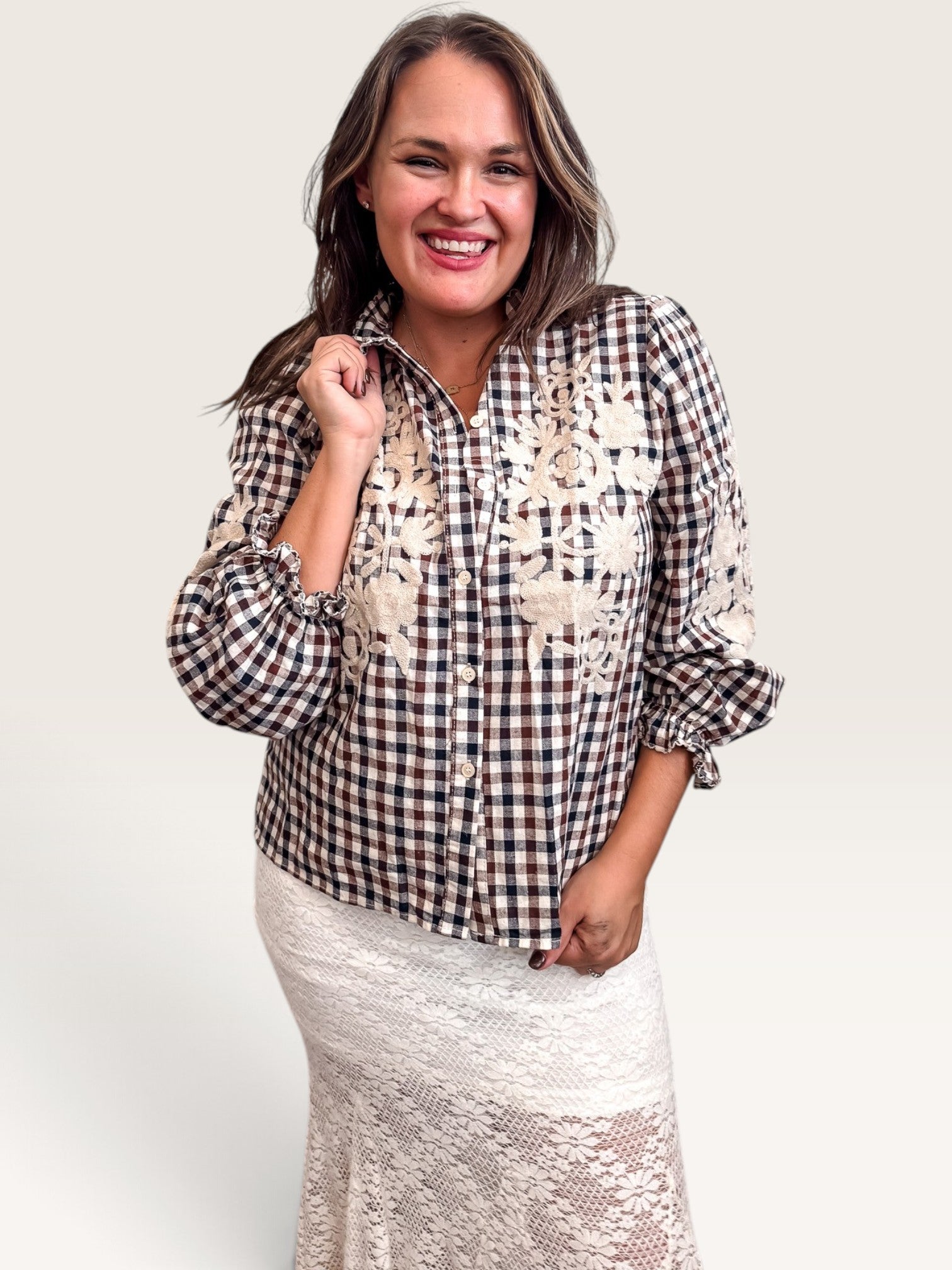 Embroidered Gingham Blouse - Brown