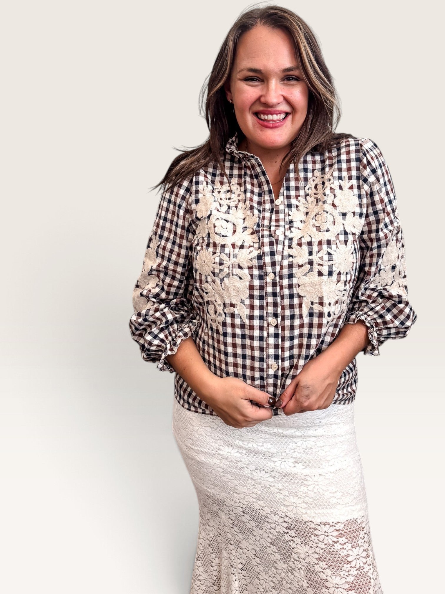 Embroidered Gingham Blouse - Brown