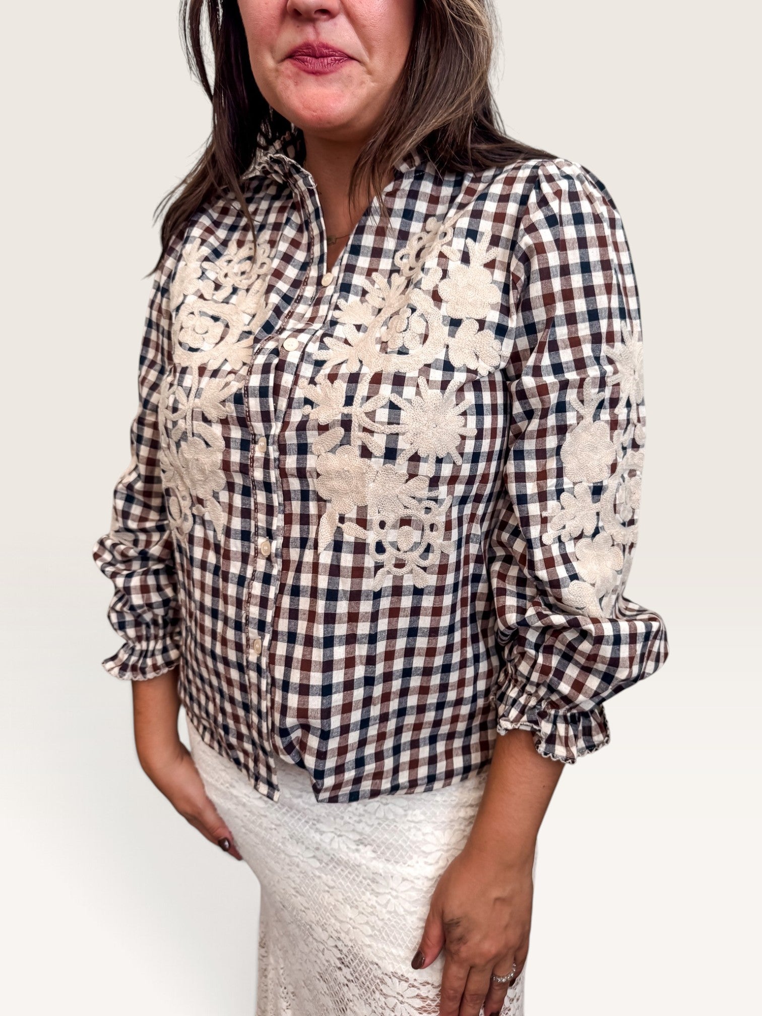 Embroidered Gingham Blouse - Brown
