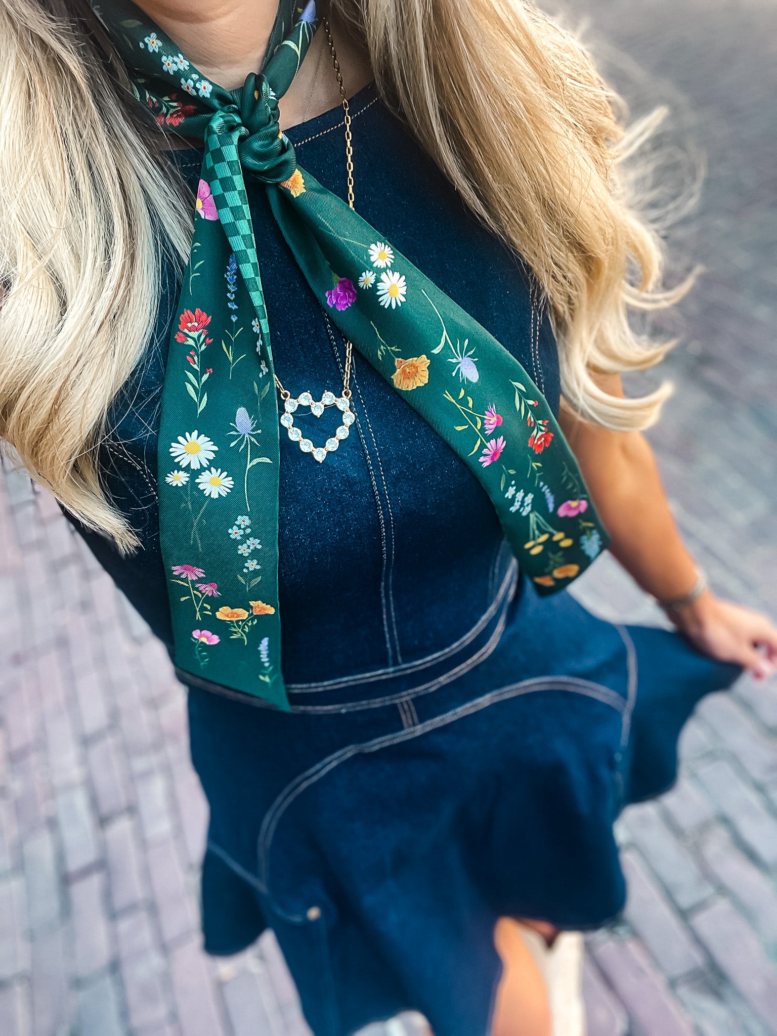 Field Of Wildflowers Silk Twilly Scarf - Teal - Tucker Brown