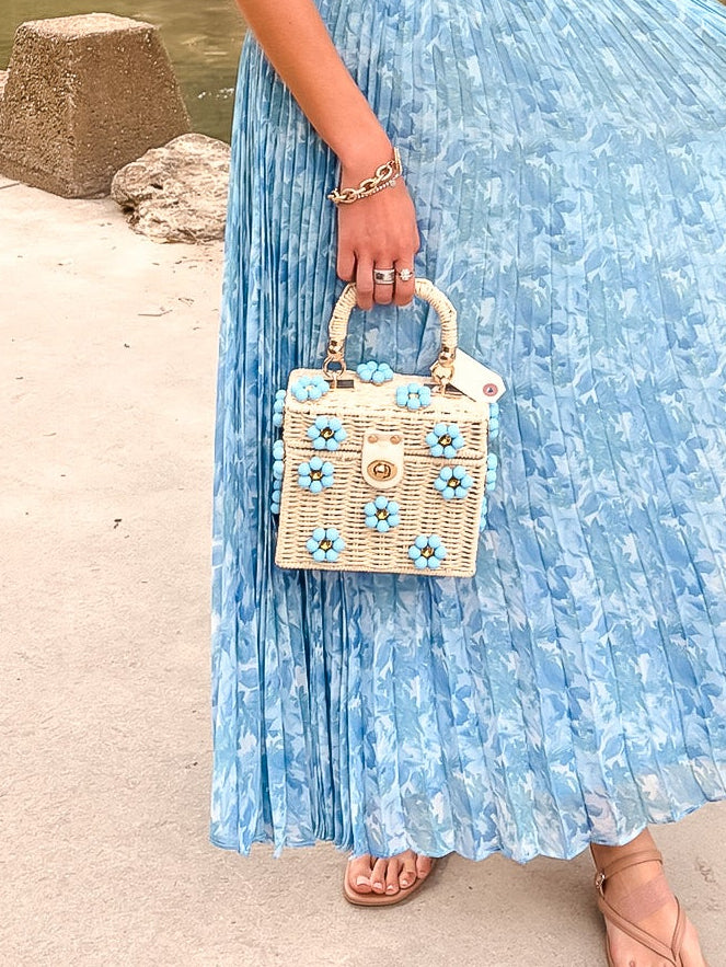 Wicker Daisy Handbag - Cream/Blue