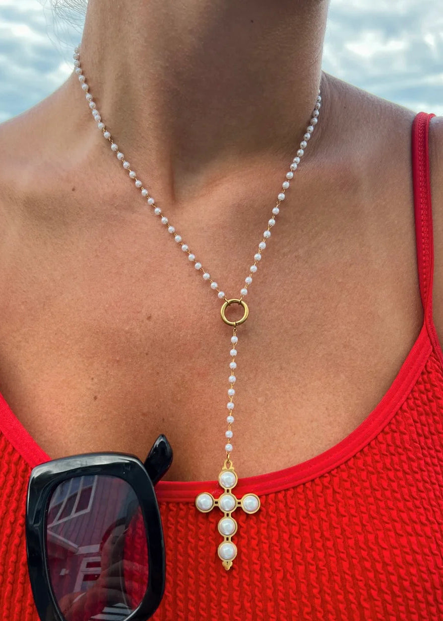 Lariat Pearl Cross Necklace - Tucker Brown