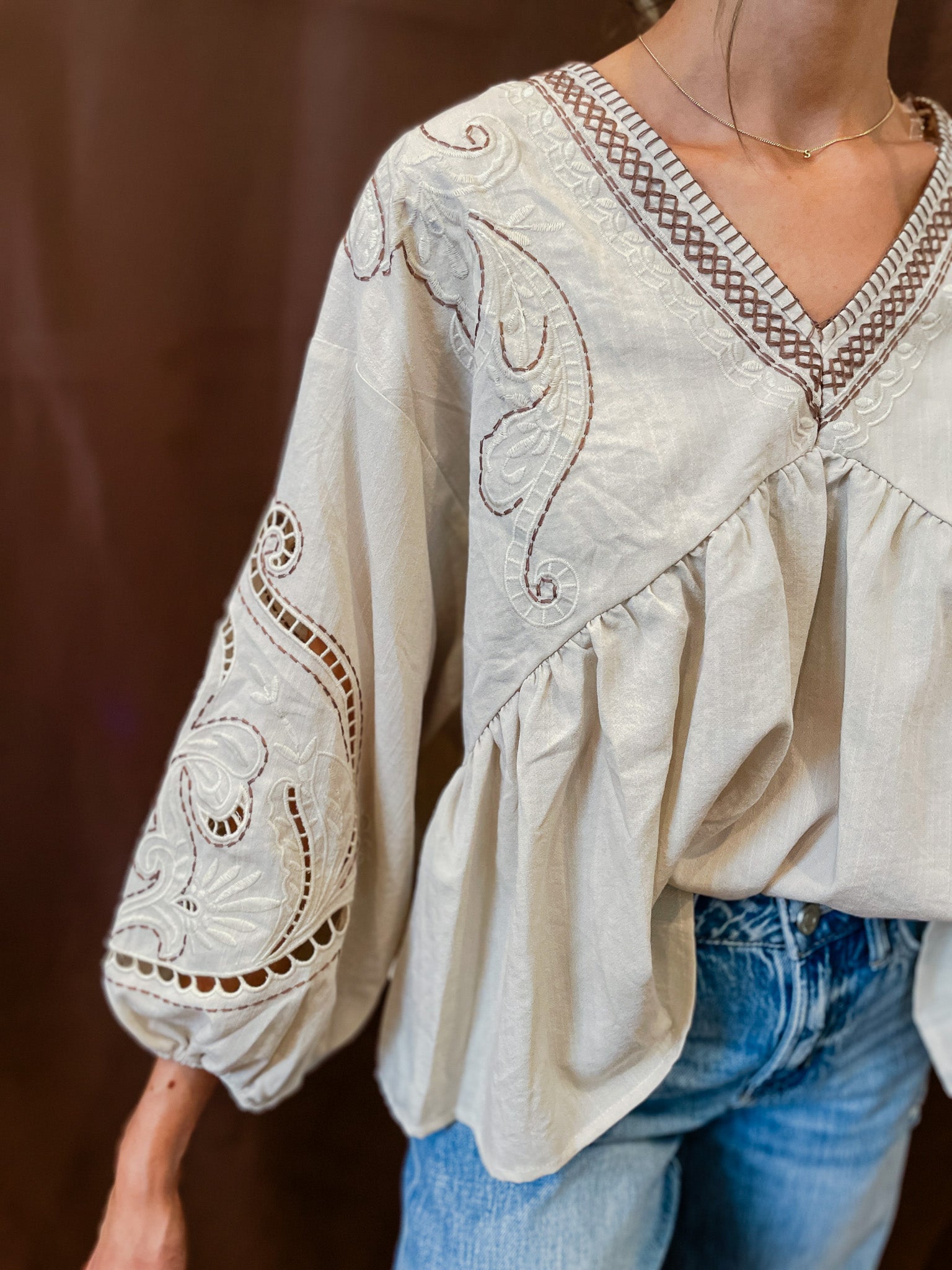 Embroidered V-Neck Top - Ecru