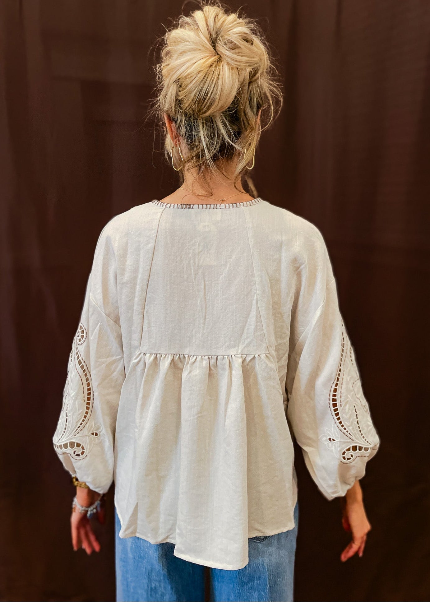 Embroidered V-Neck Top - Ecru