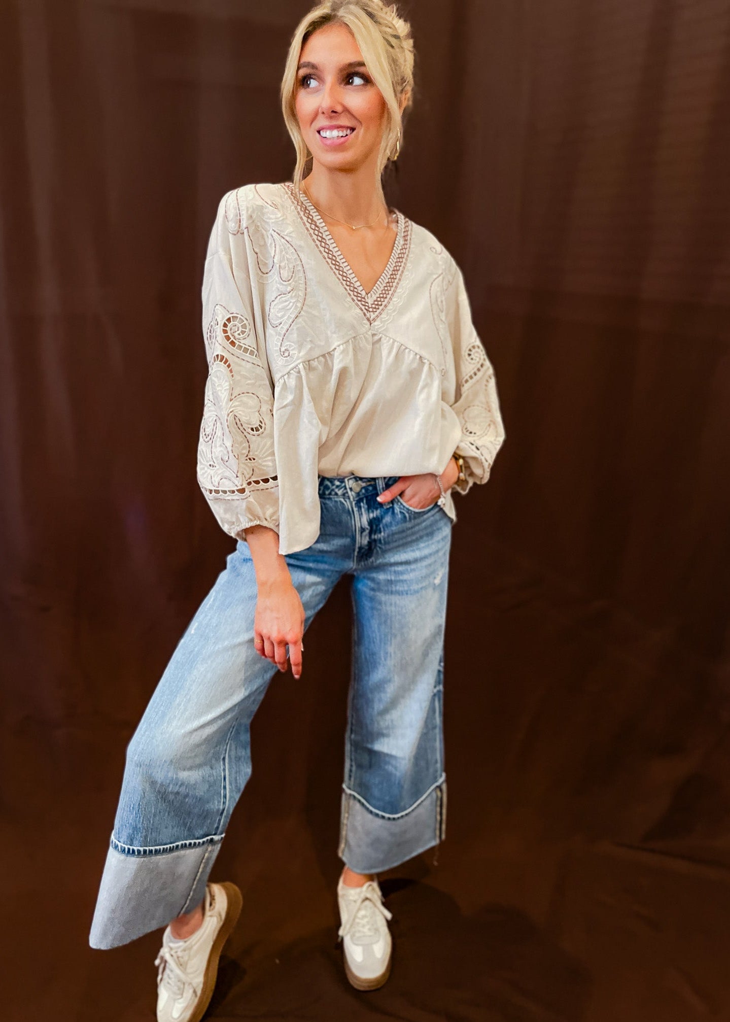 Embroidered V-Neck Top - Ecru