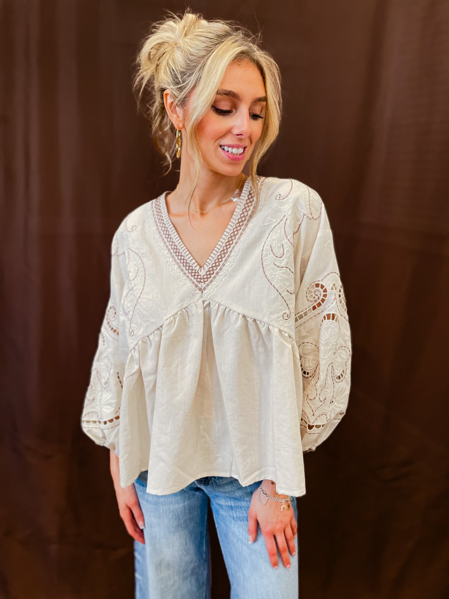 Embroidered V-Neck Top - Ecru
