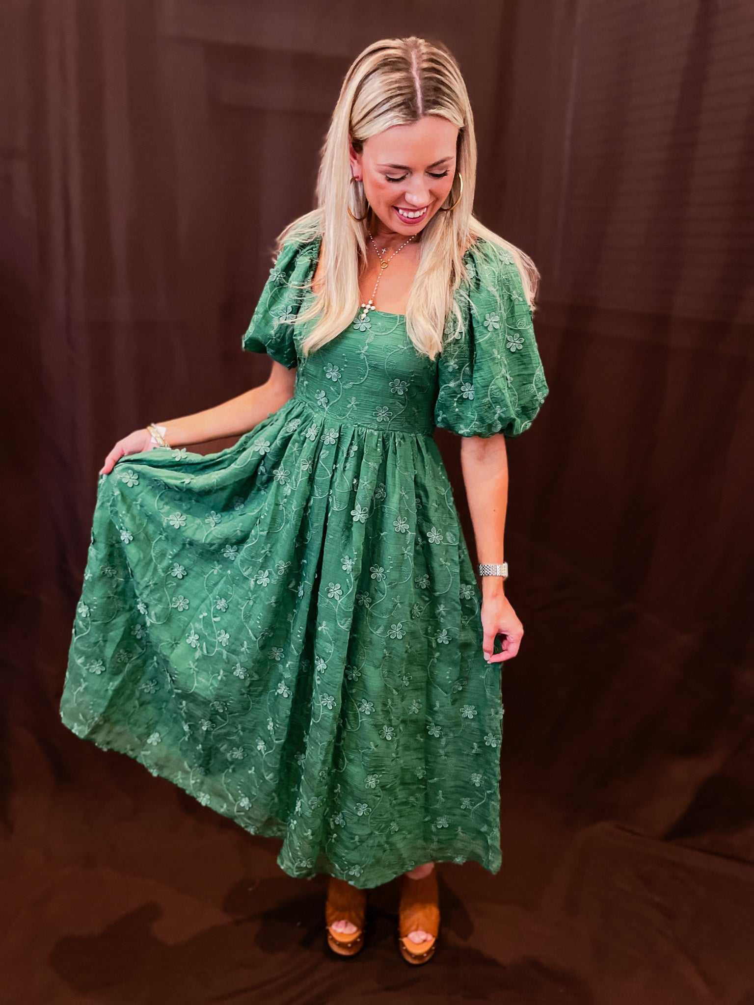 Y Forest Green Embroidered Dress