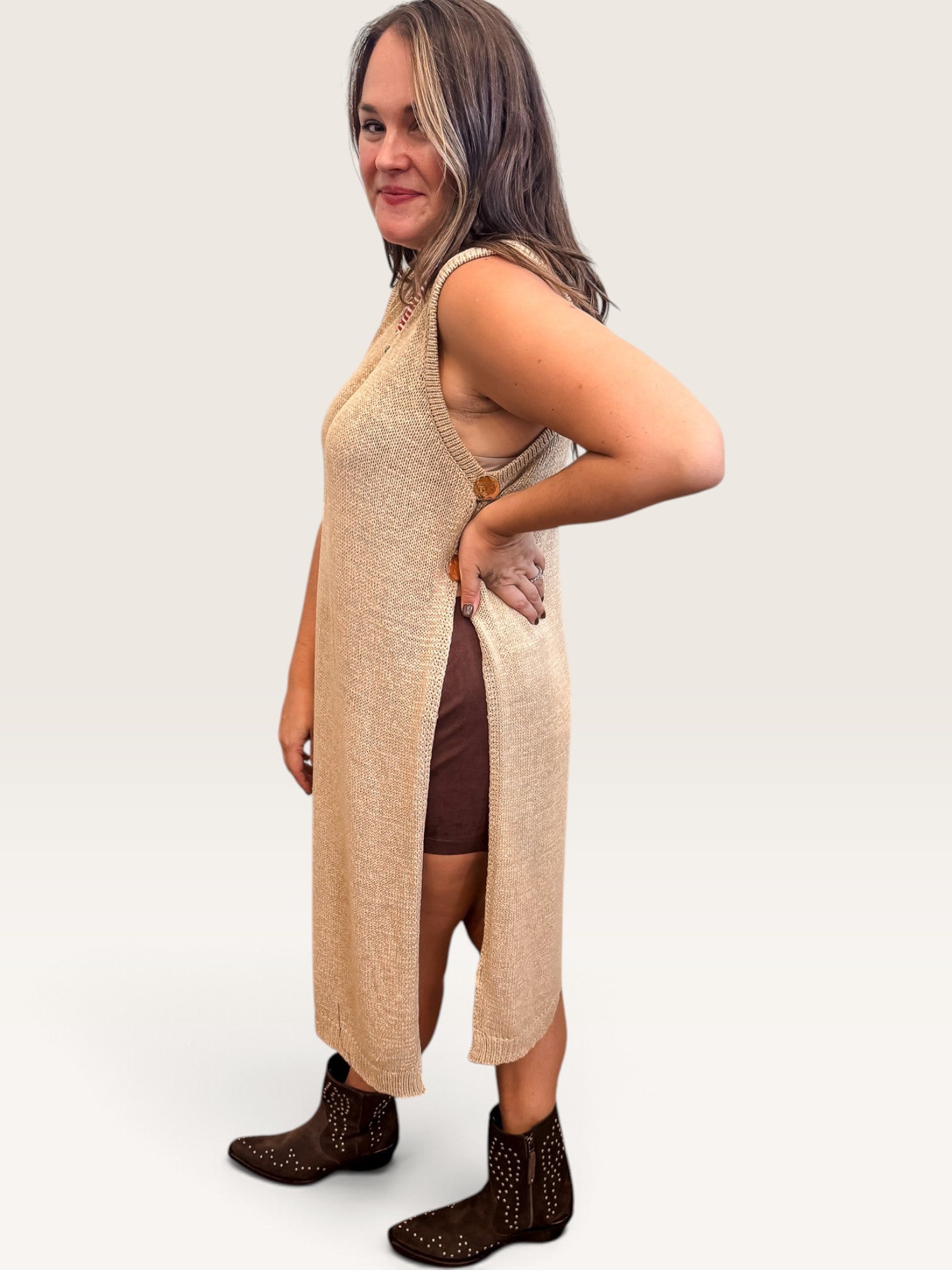 Sleeveless Side Button Duster Sweater