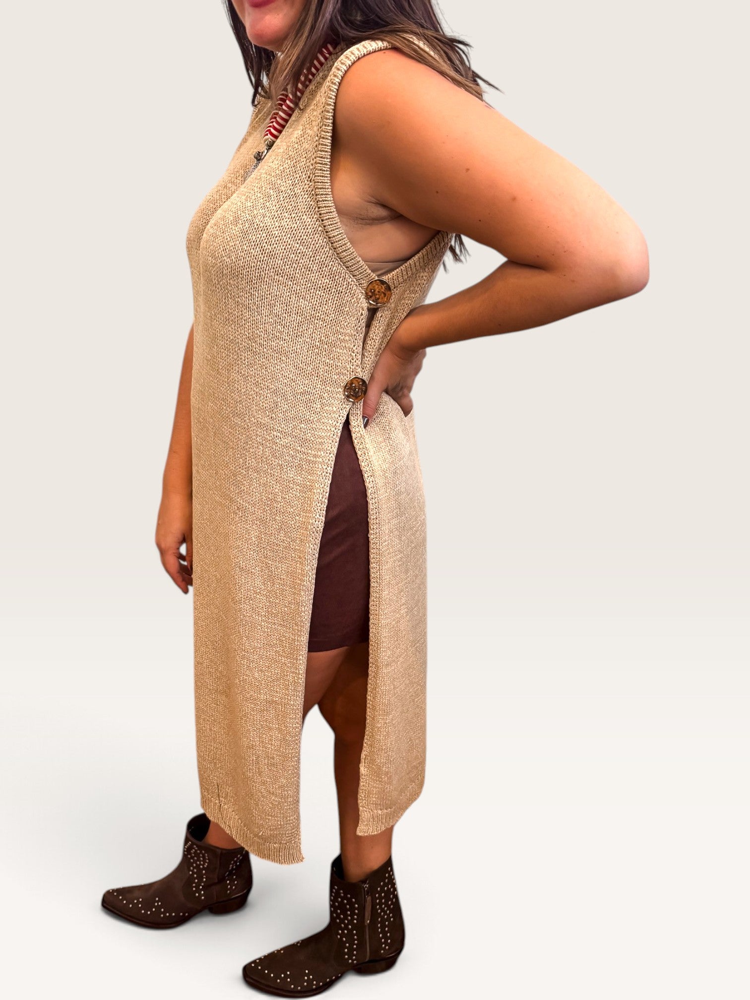 Sleeveless Side Button Duster Sweater