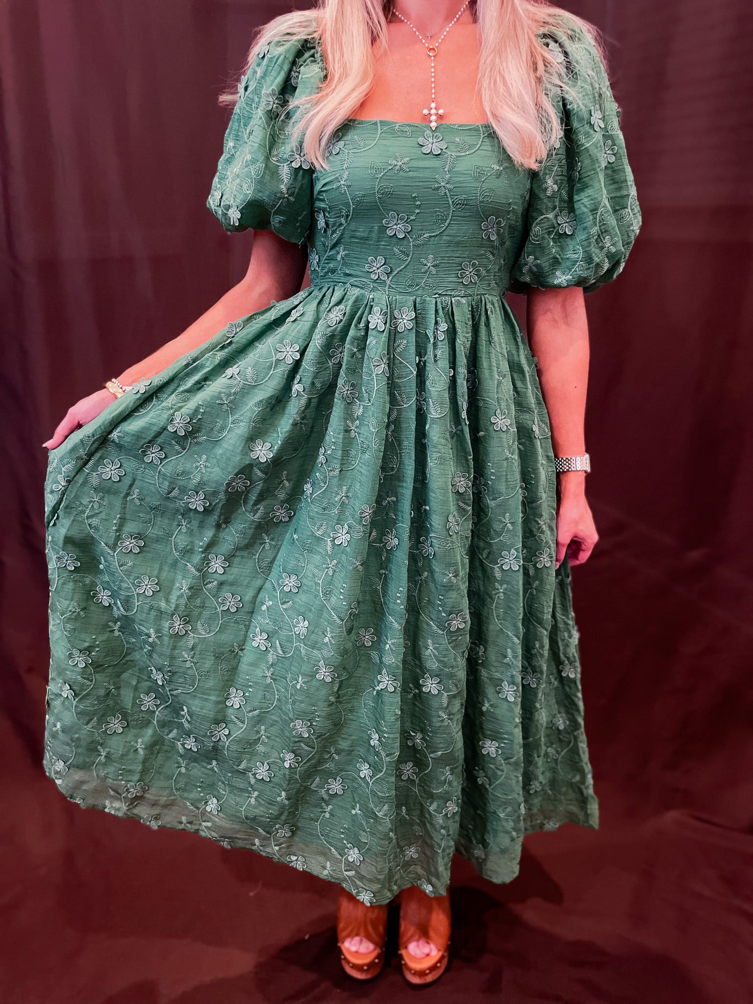 Y Forest Green Embroidered Dress