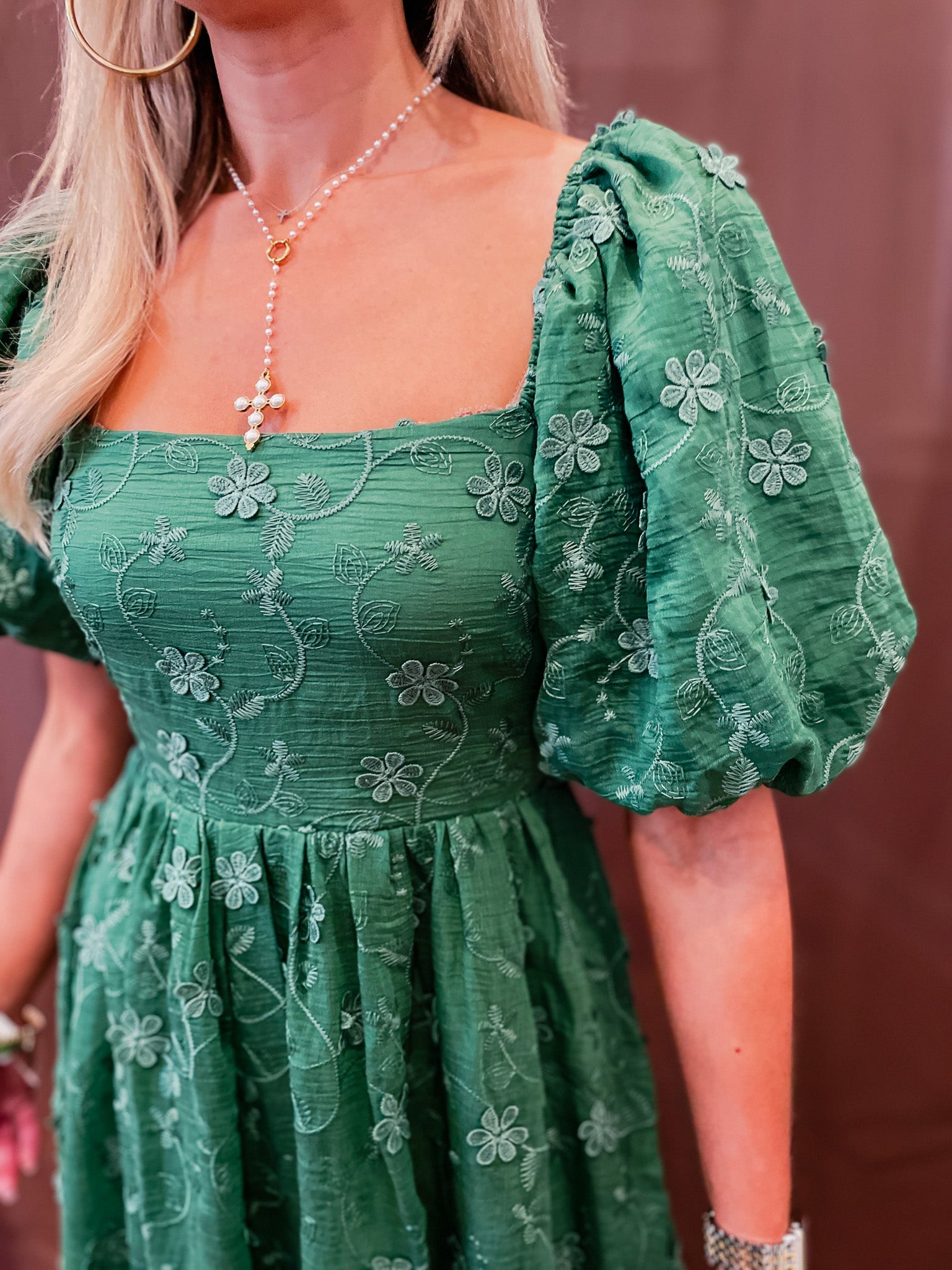 Y Forest Green Embroidered Dress