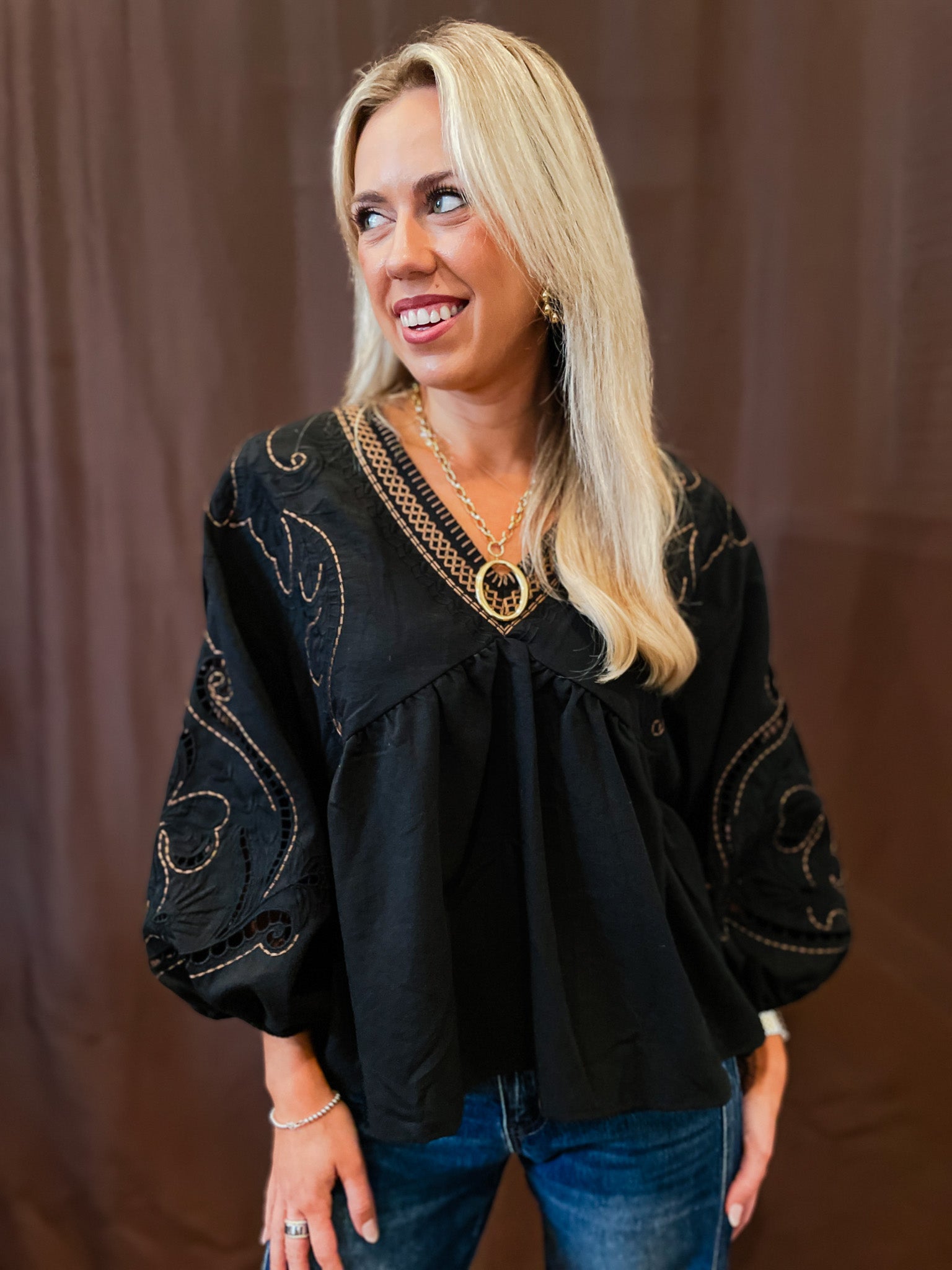 Embroidered V-Neck Top - Black