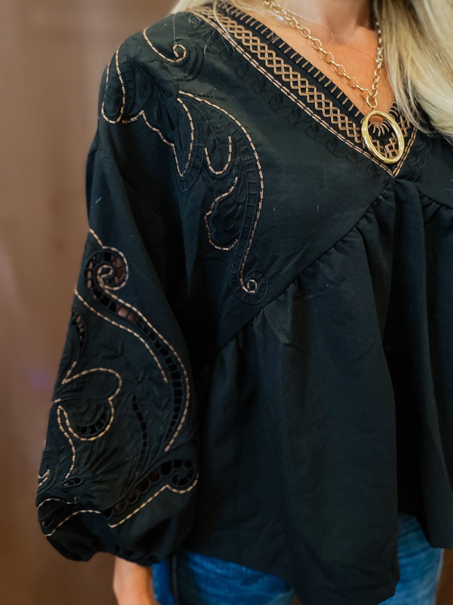 Embroidered V-Neck Top - Black