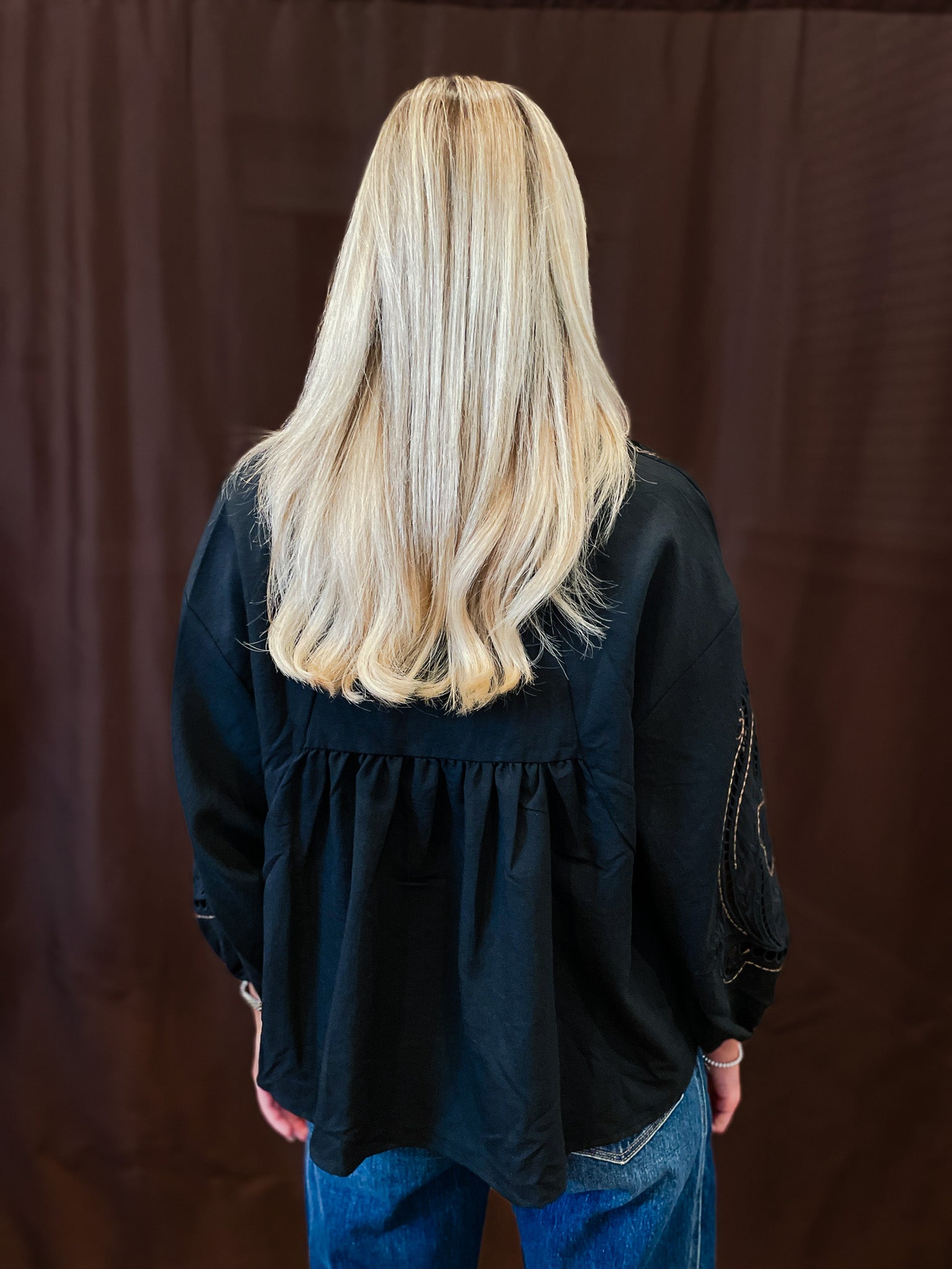 Embroidered V-Neck Top - Black