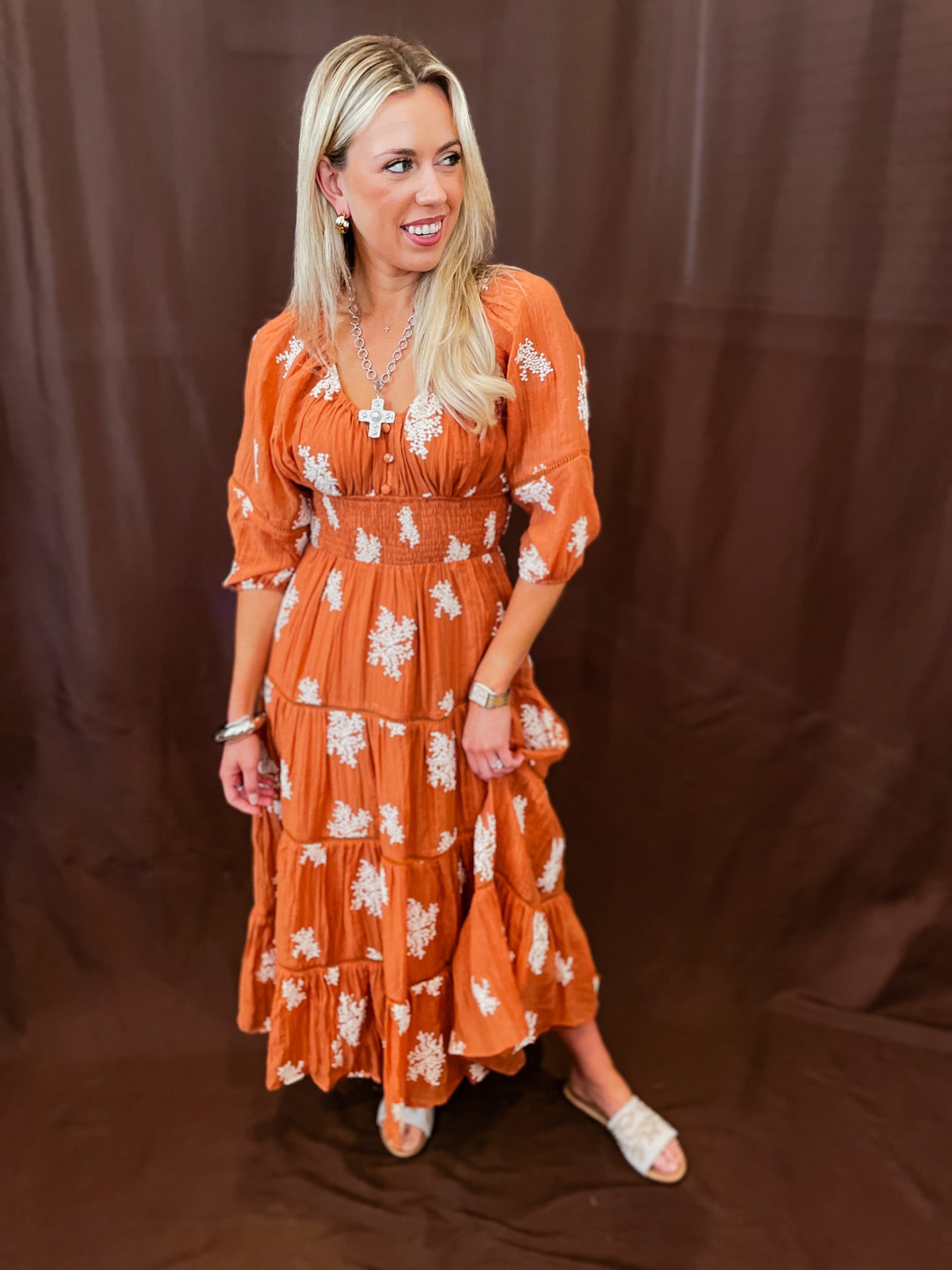 Embroidered Dress - Rust