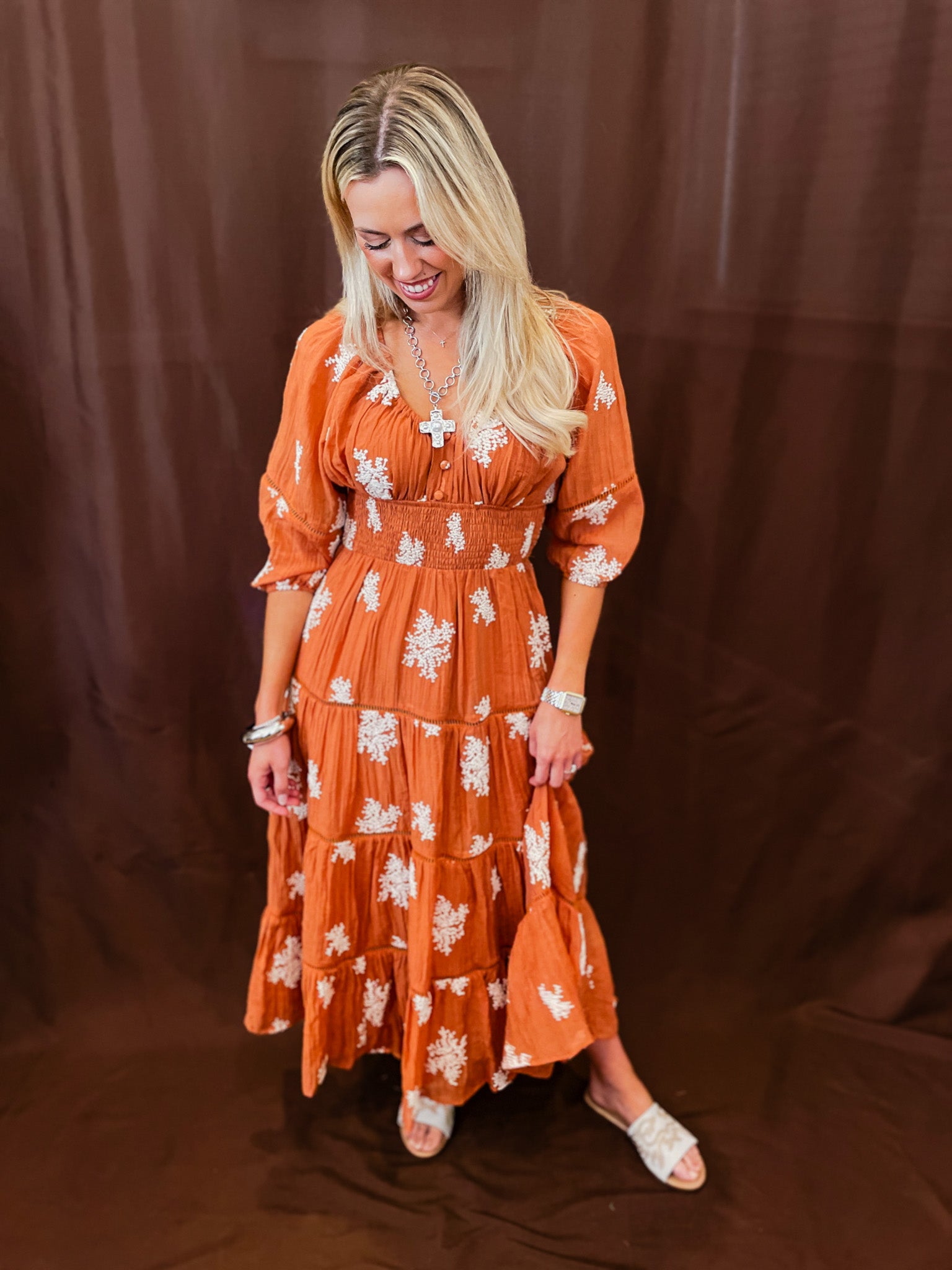 Embroidered Dress - Rust