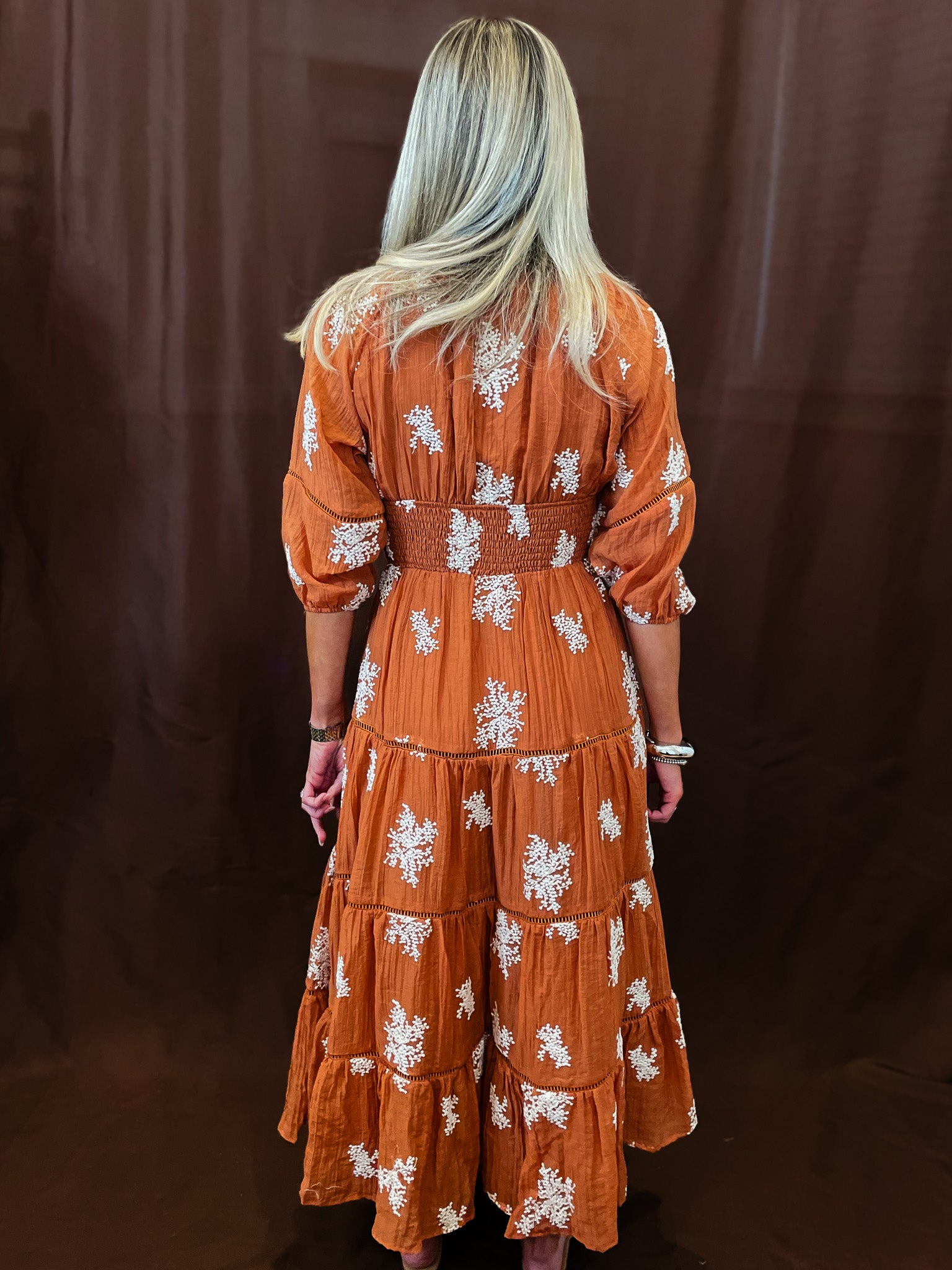 Embroidered Dress - Rust