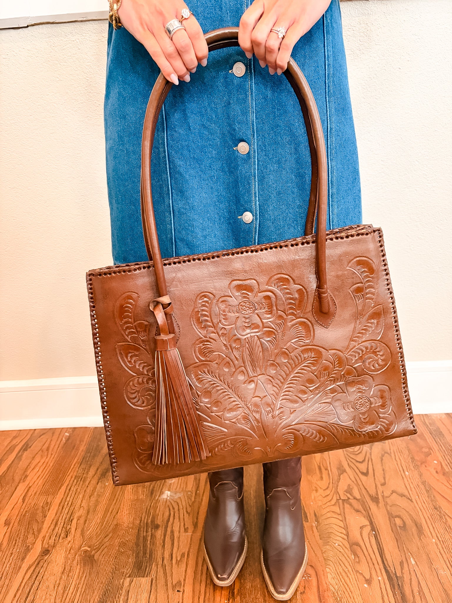 Amy Tooled Leather Handbag - Chocolate