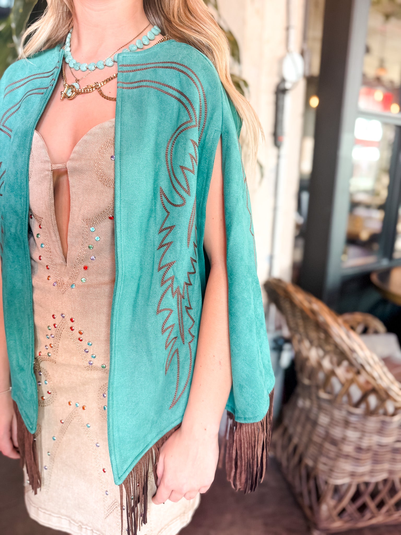 Boot Stitch Embroidered Cape - Teal