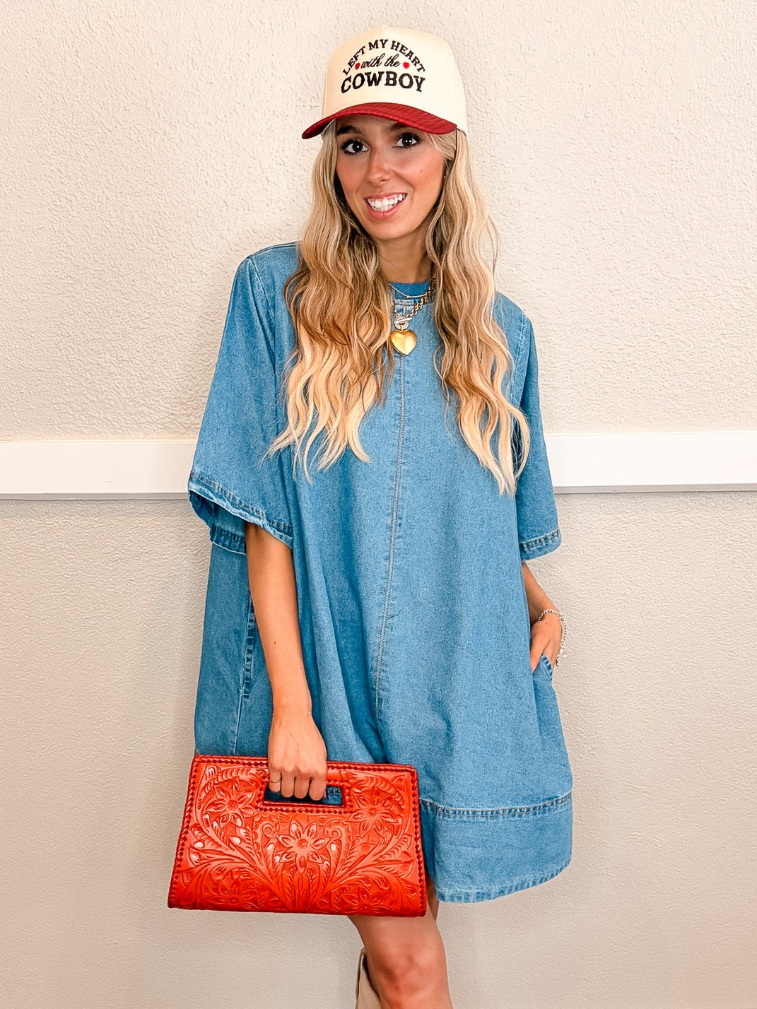 Crew Neck Denim Tunic Dress - Blue