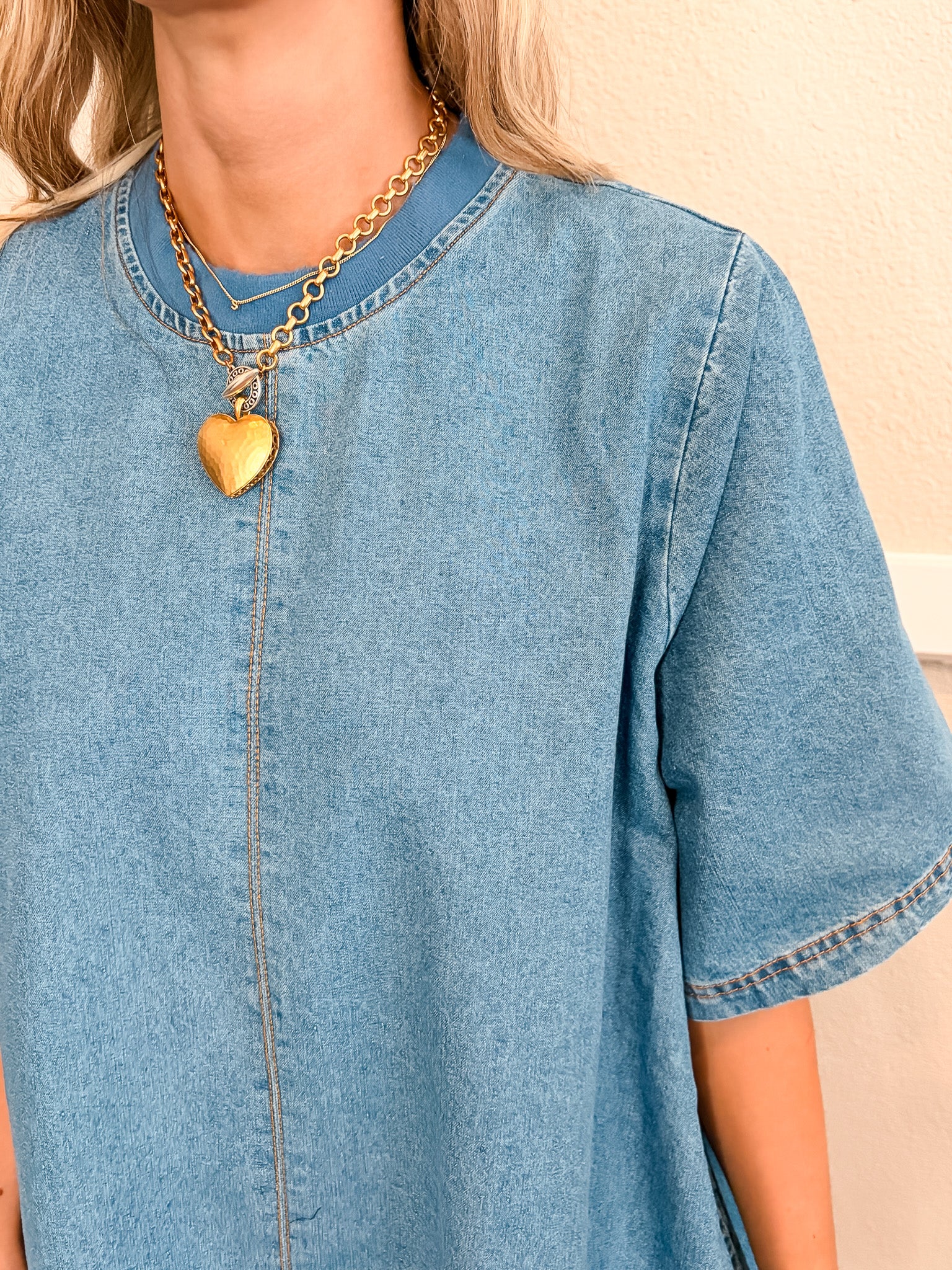 Crew Neck Denim Tunic Dress - Blue