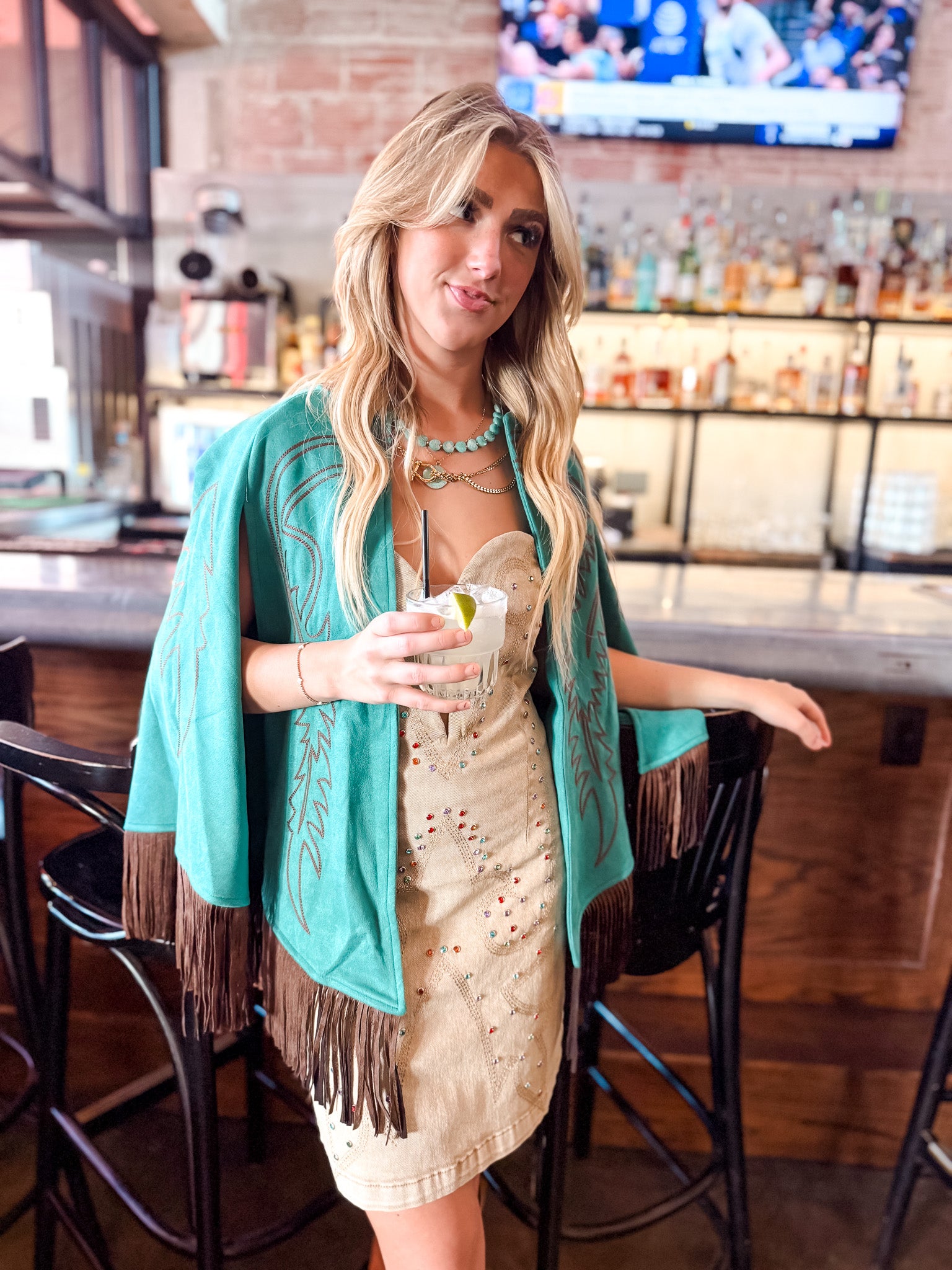 Boot Stitch Embroidered Cape - Teal