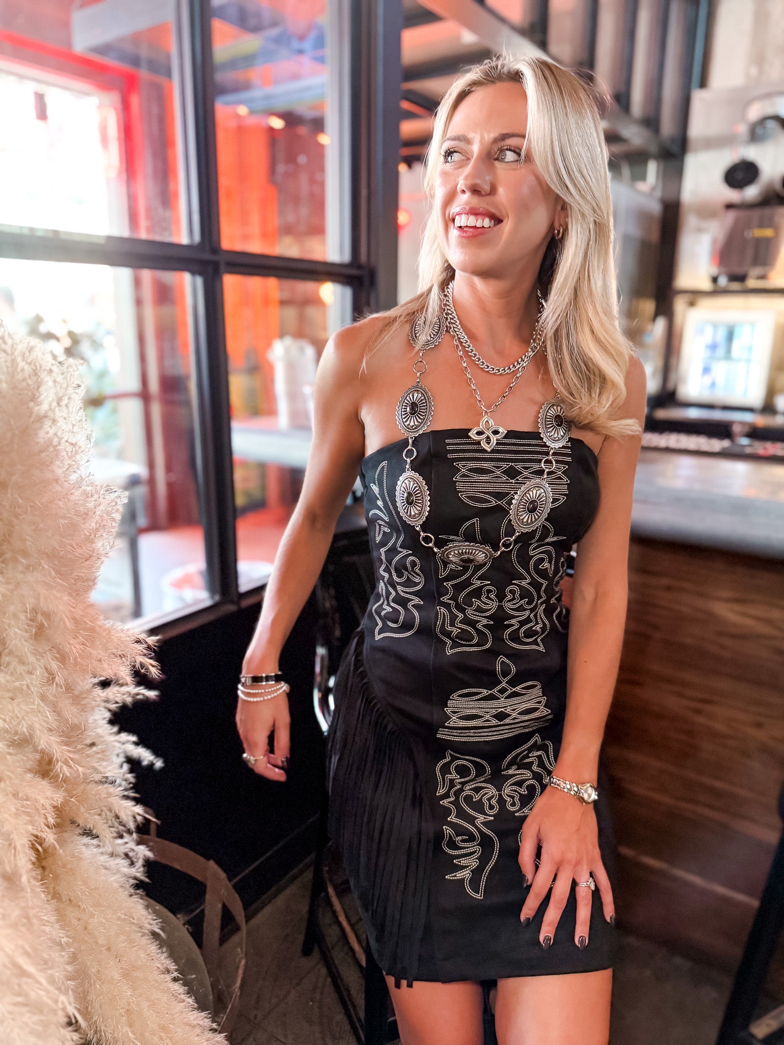 Stitched + Fringe Dress - Black