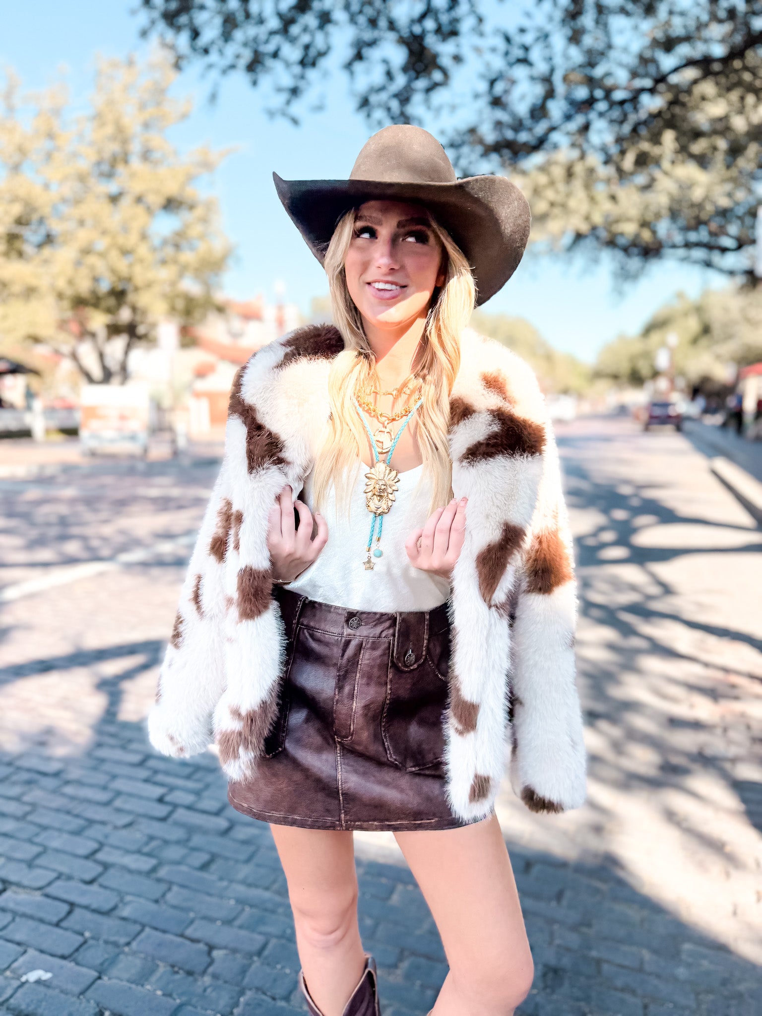 Cow Print Cropped Fur Jacket