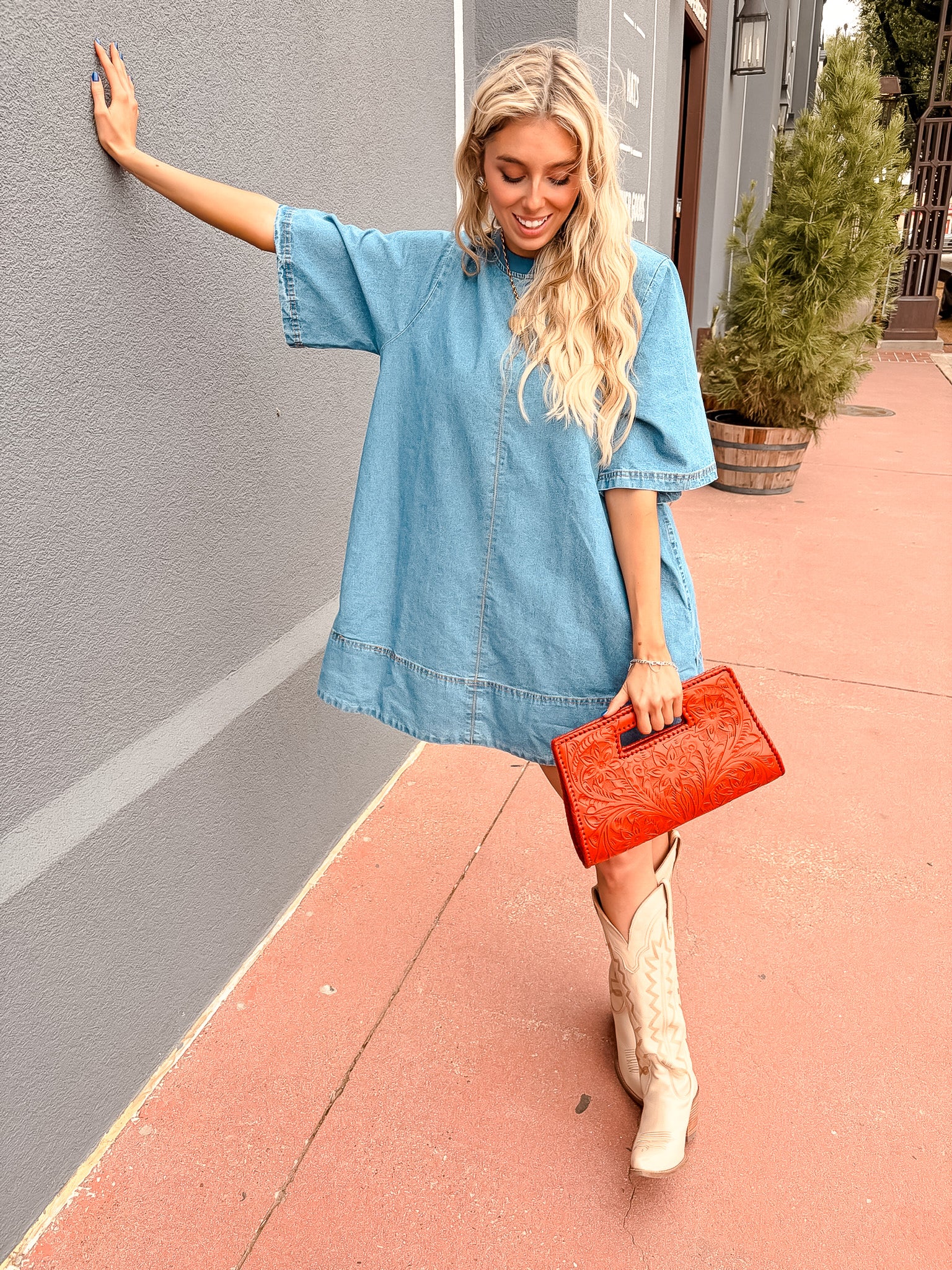 Crew Neck Denim Tunic Dress - Blue