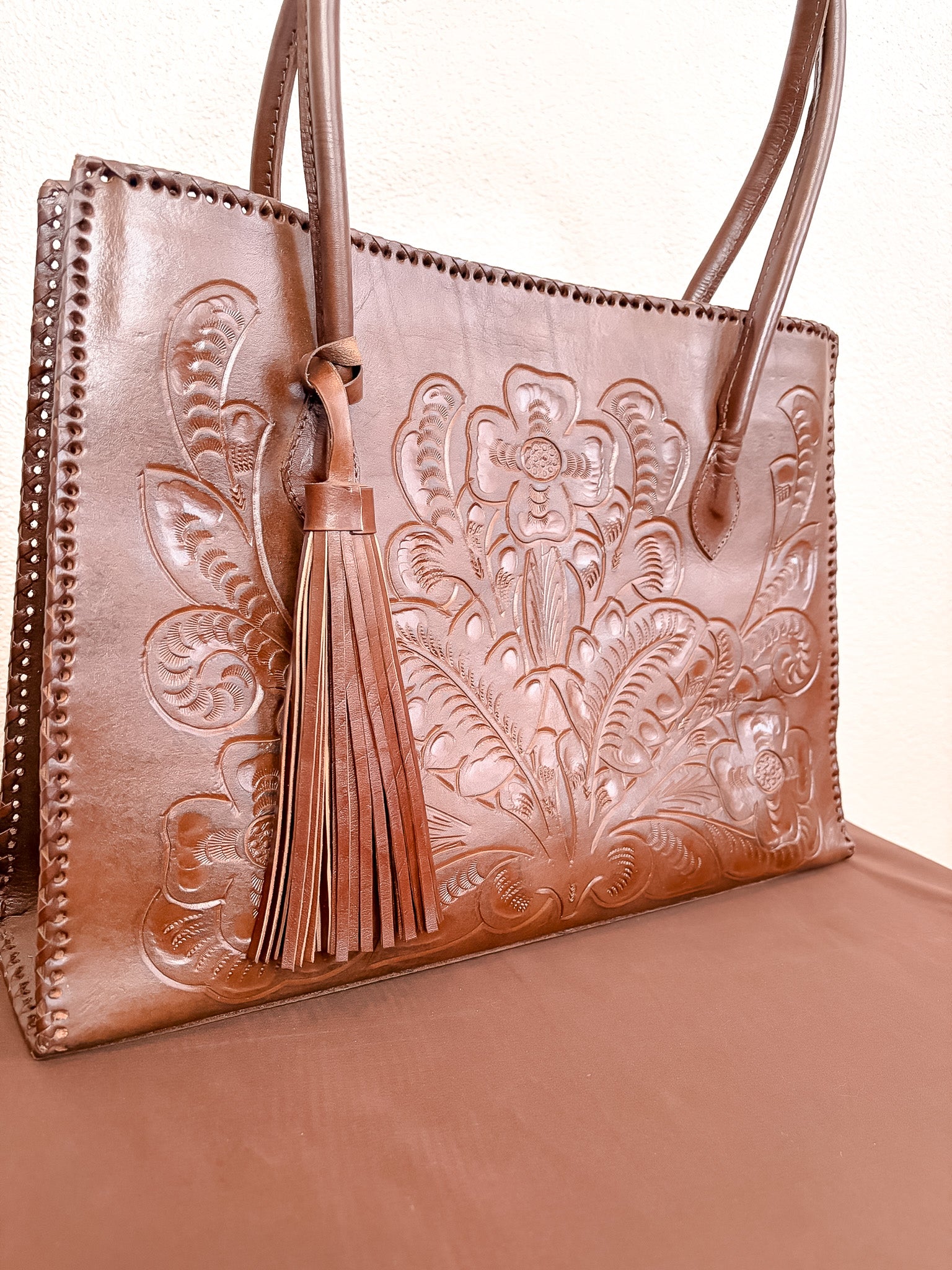 Amy Tooled Leather Handbag - Chocolate