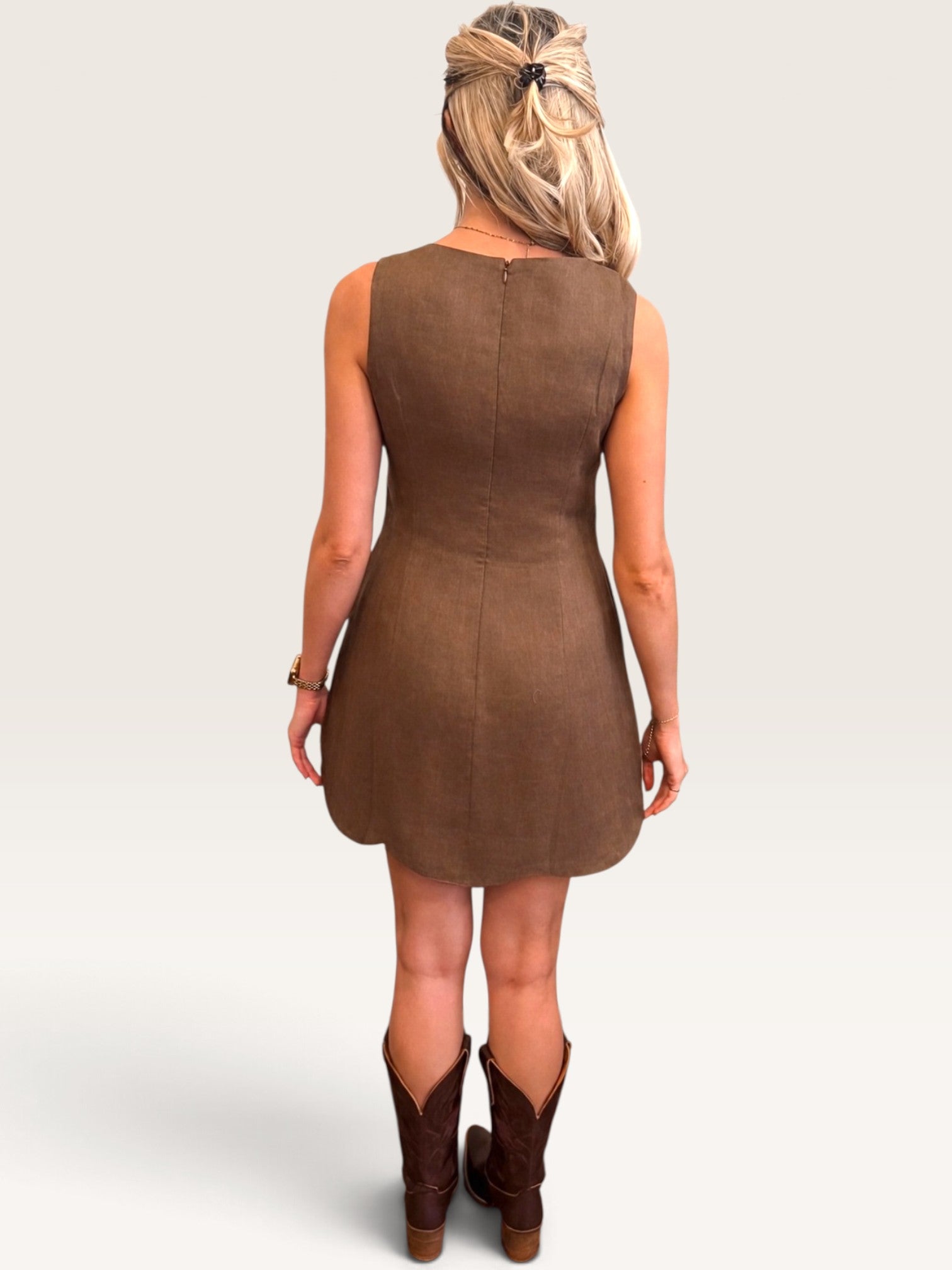 Linen Scalloped Hem Dress - Brown