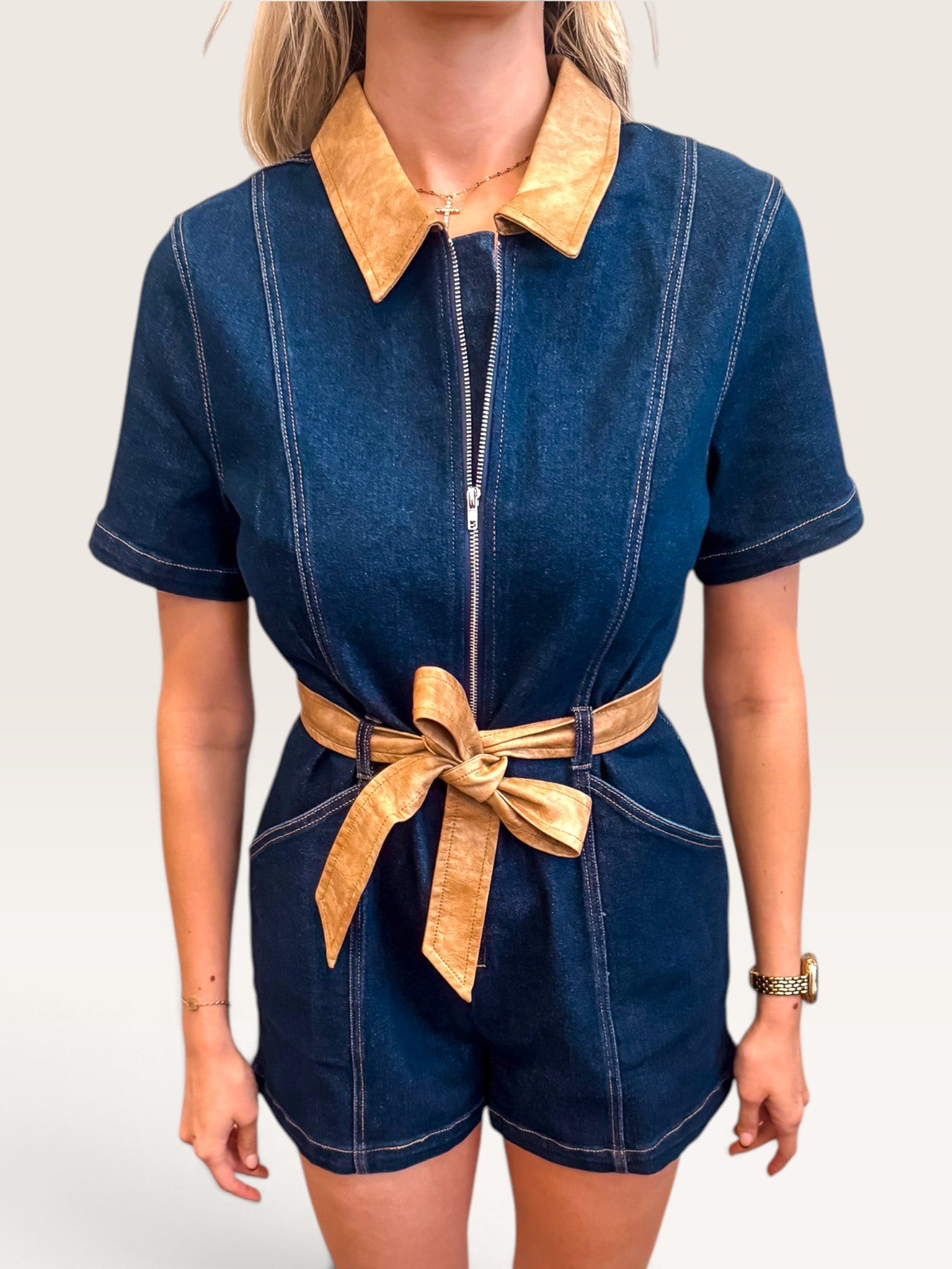 Denim Leather Trim Romper