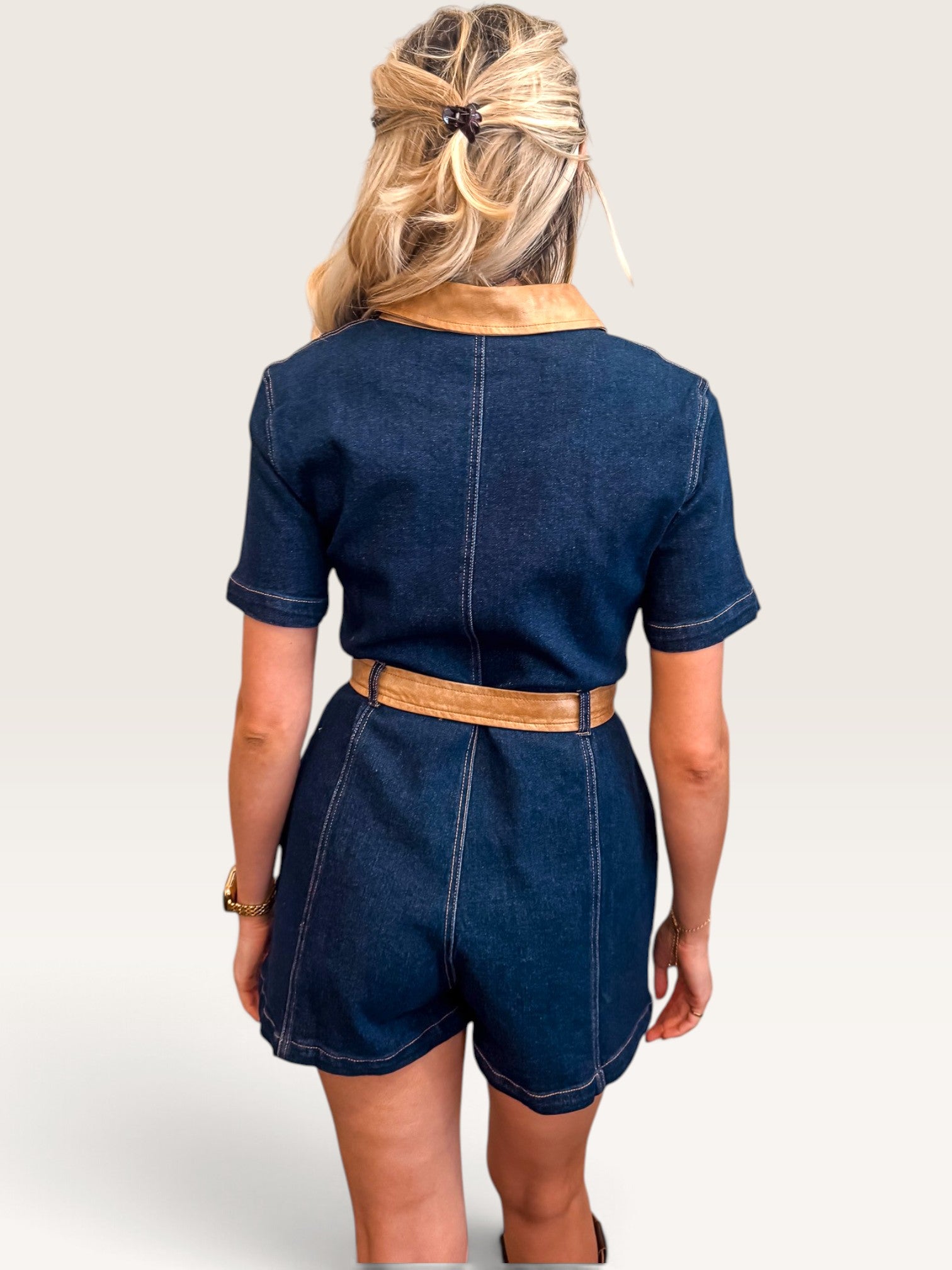 Denim Leather Trim Romper