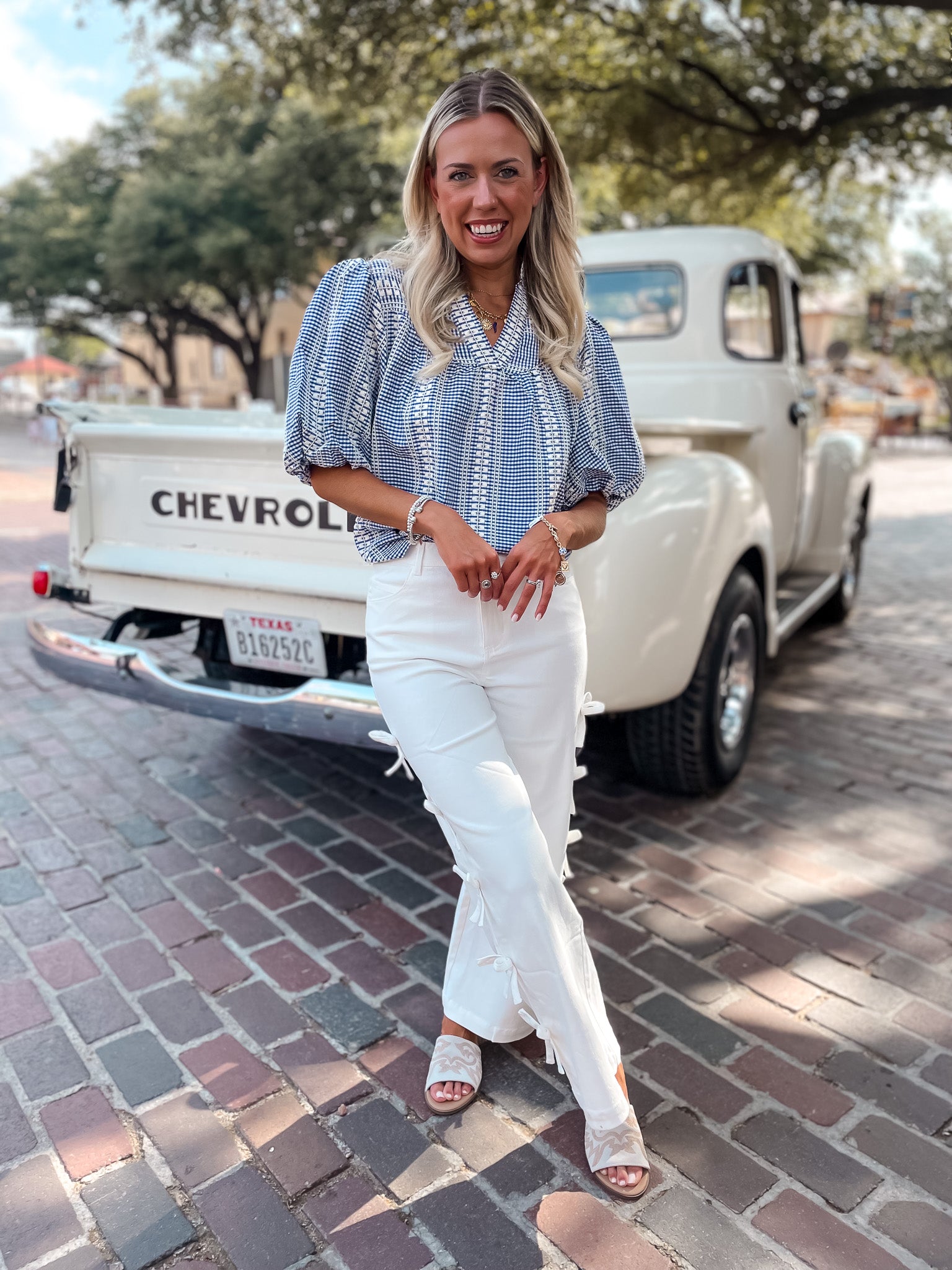 Gingham Embroidered Top - Blue