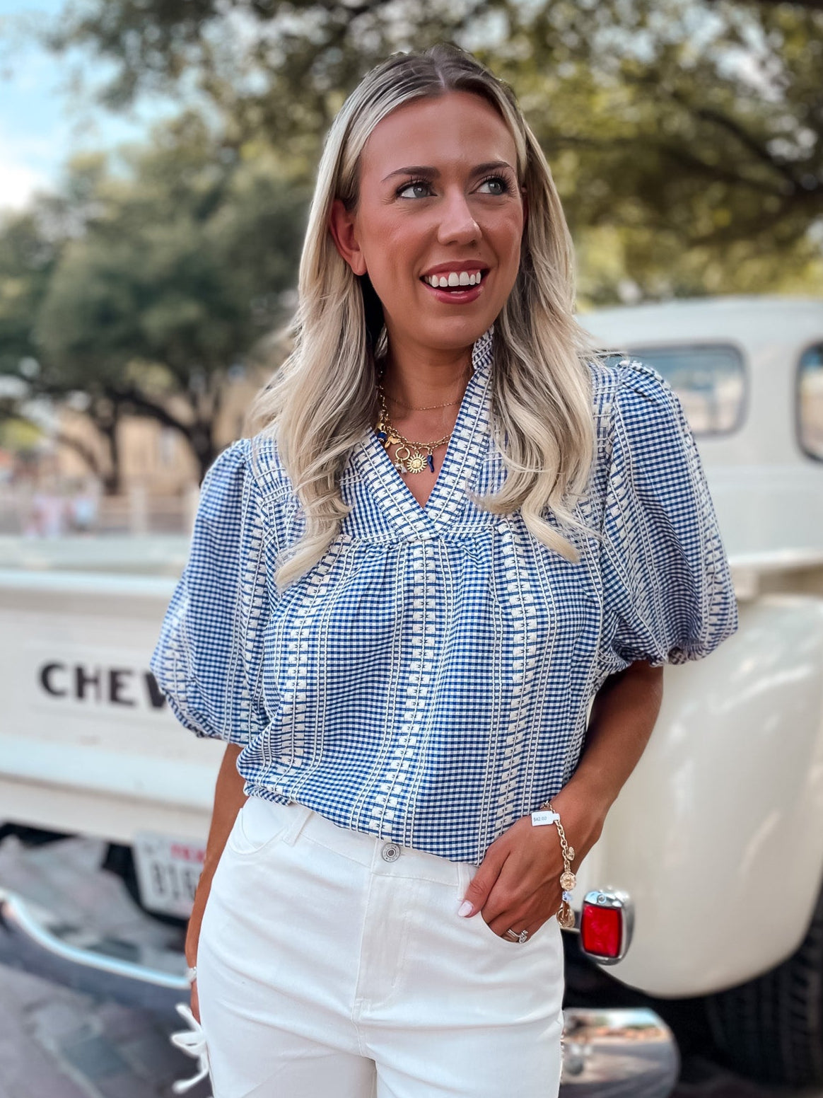 Gingham Embroidered Top - Blue