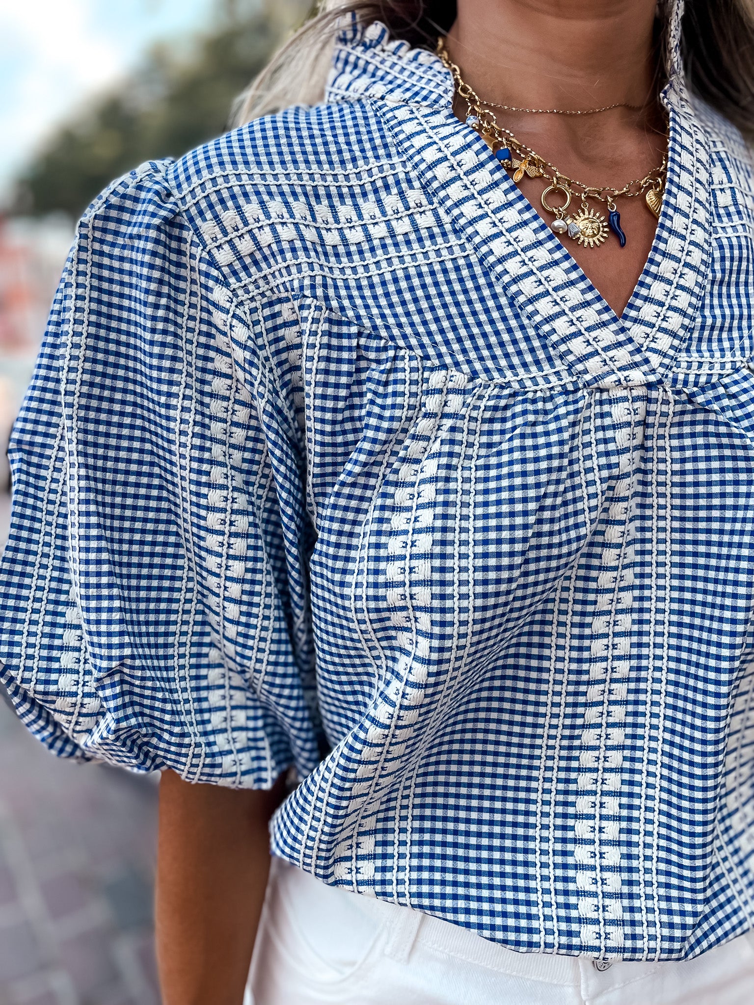 Gingham Embroidered Top - Blue