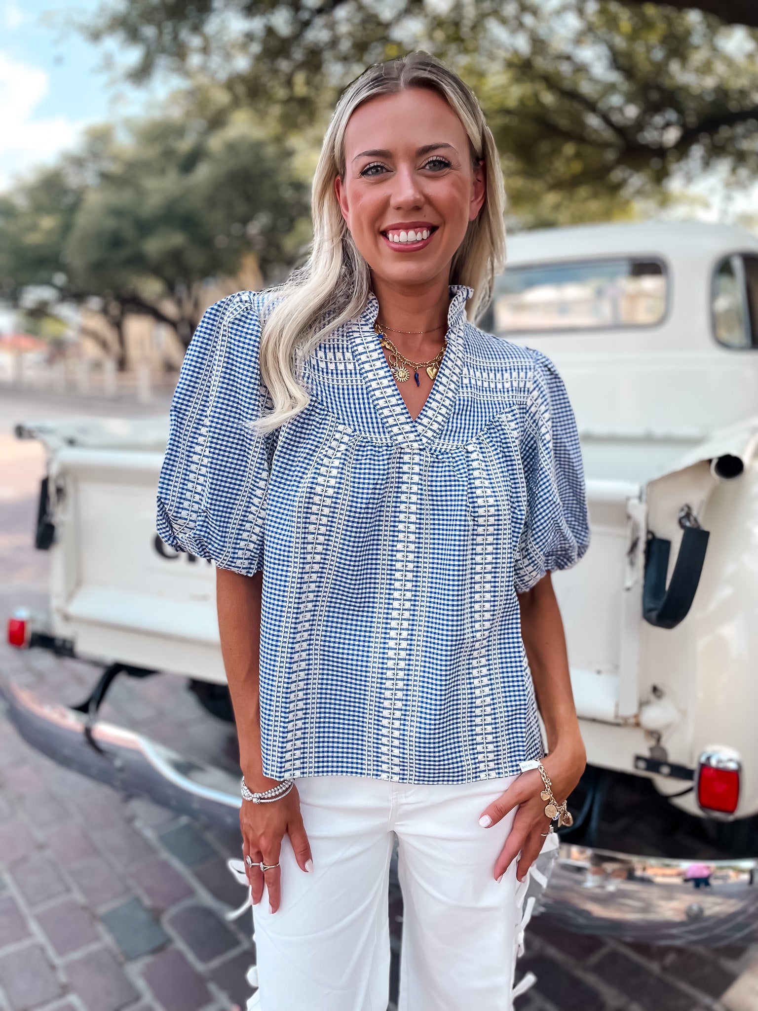 Gingham Embroidered Top - Blue