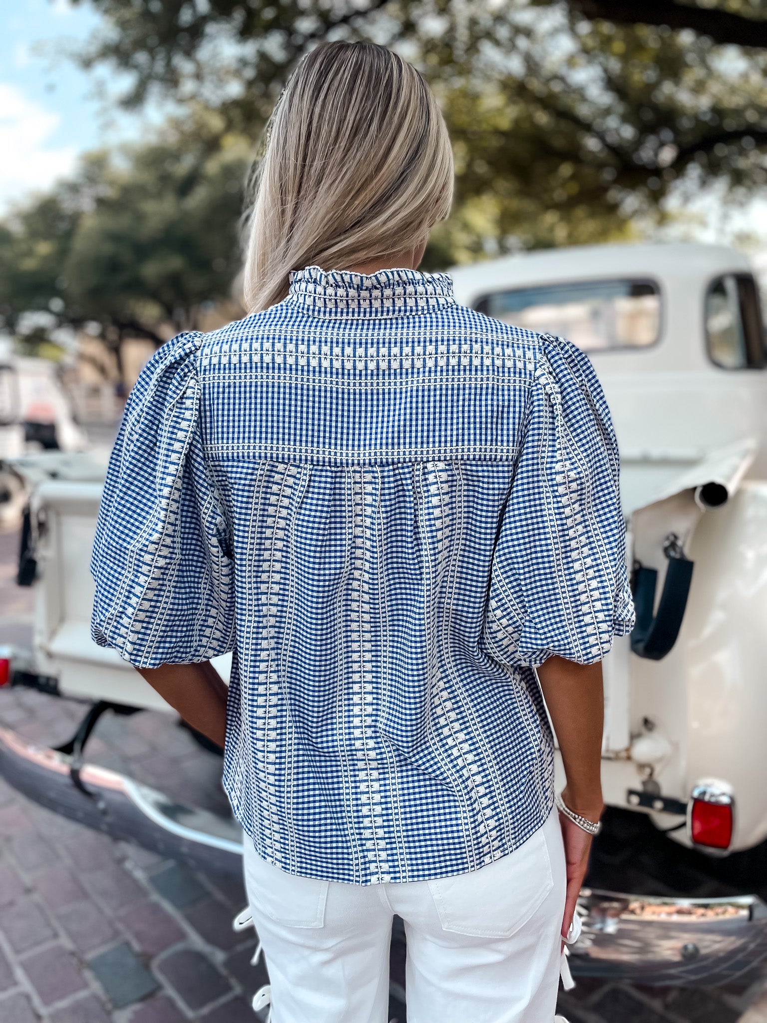 Gingham Embroidered Top - Blue