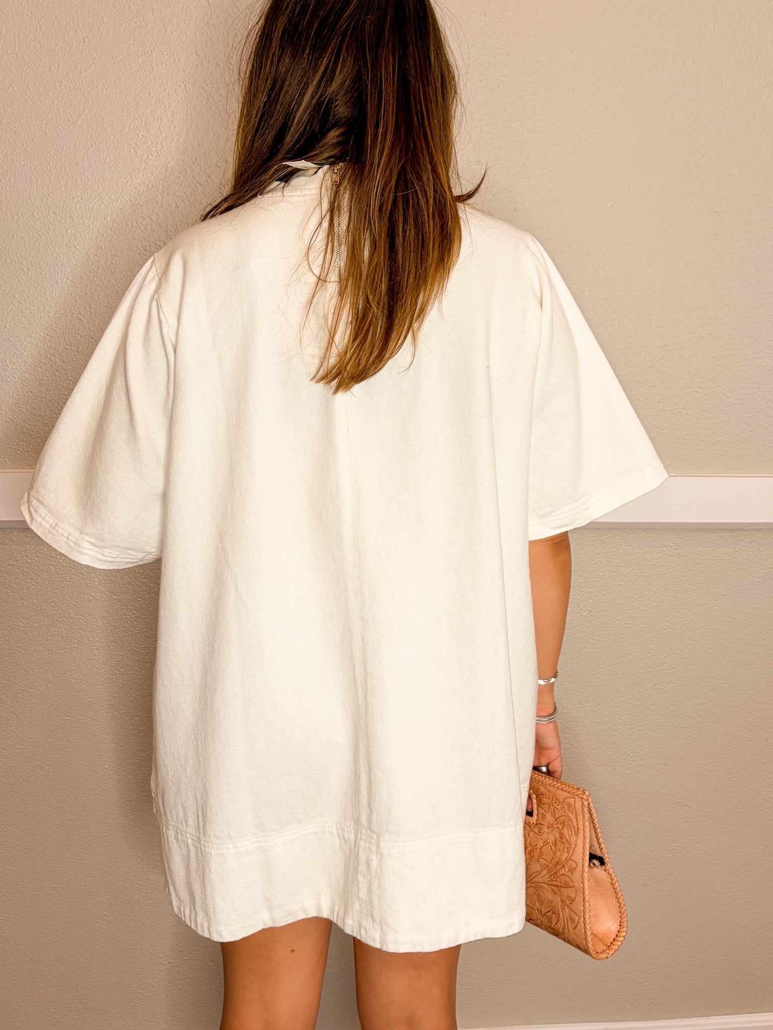 Crew Neck Denim Tunic Dress - White