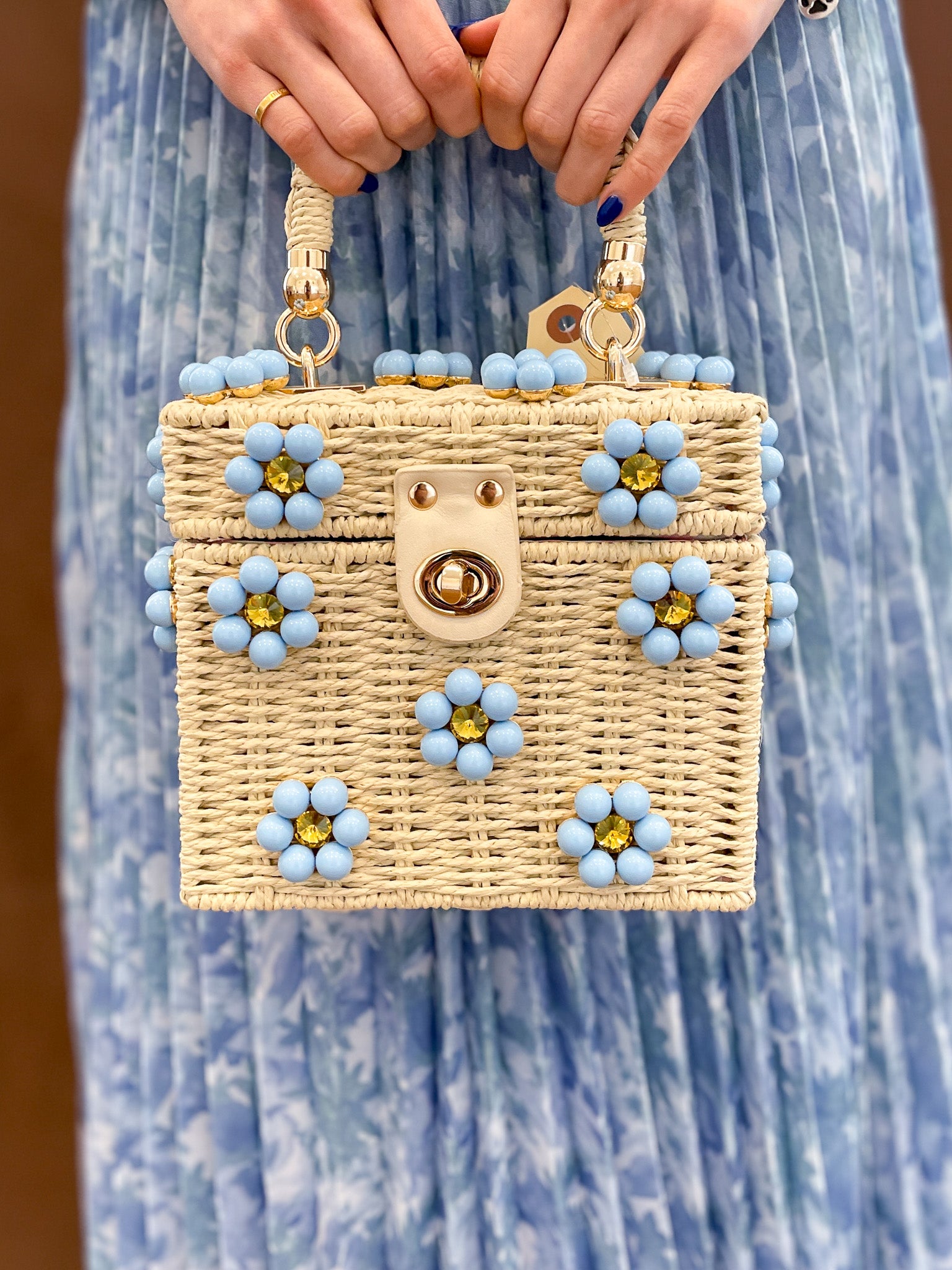 Wicker Daisy Handbag - Cream/Blue