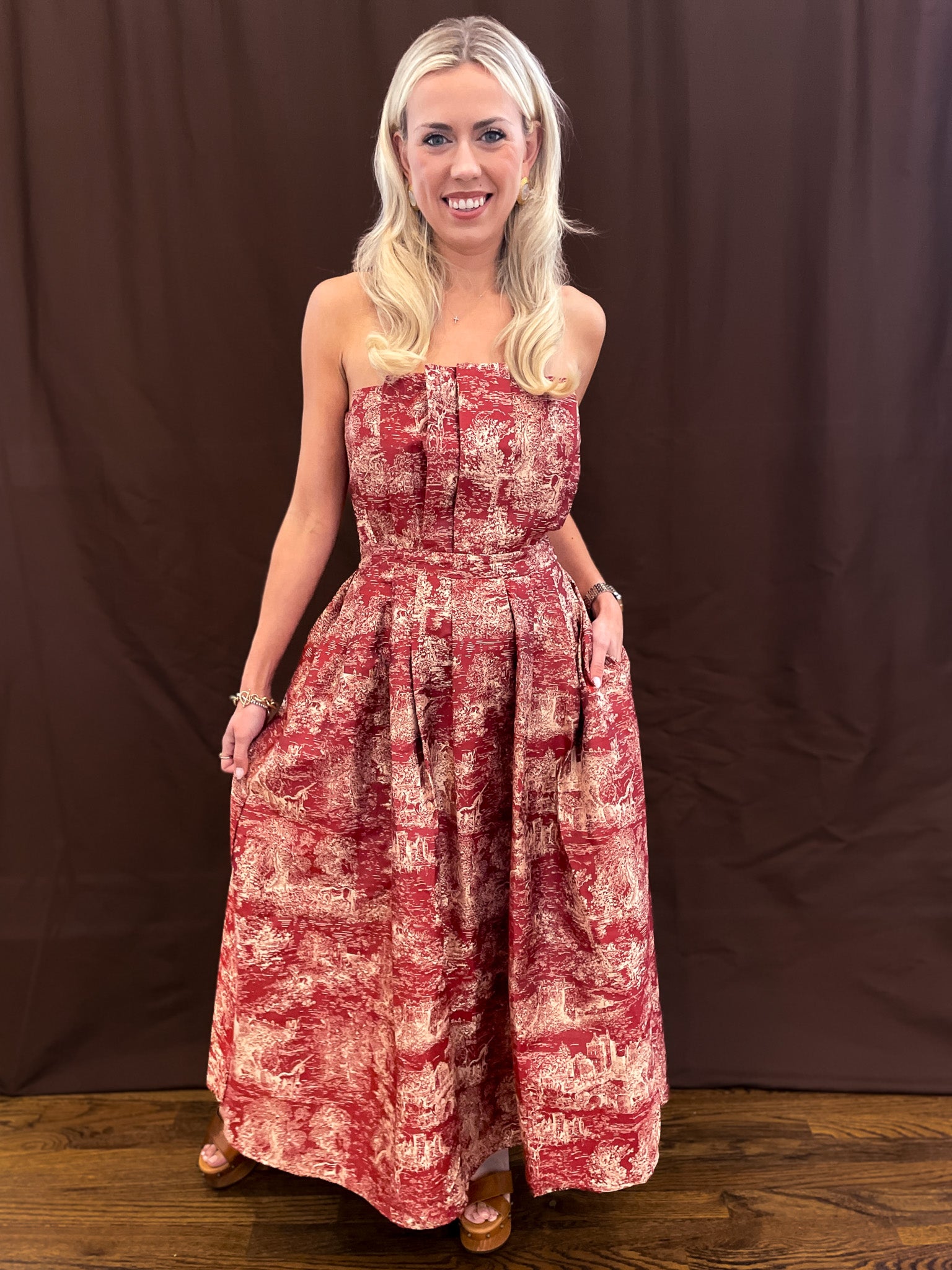English Toile Dress - Burgundy