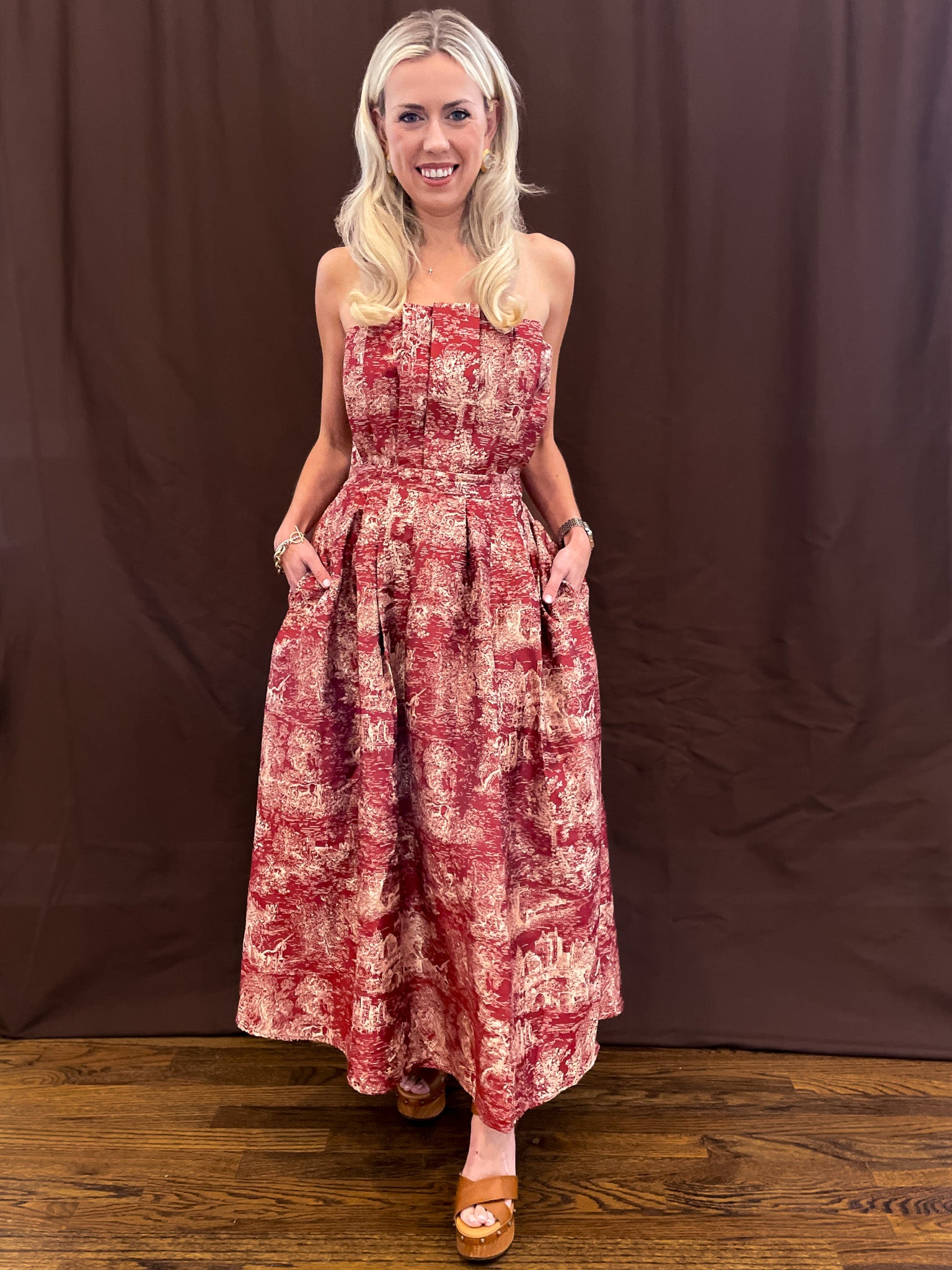 English Toile Dress - Burgundy