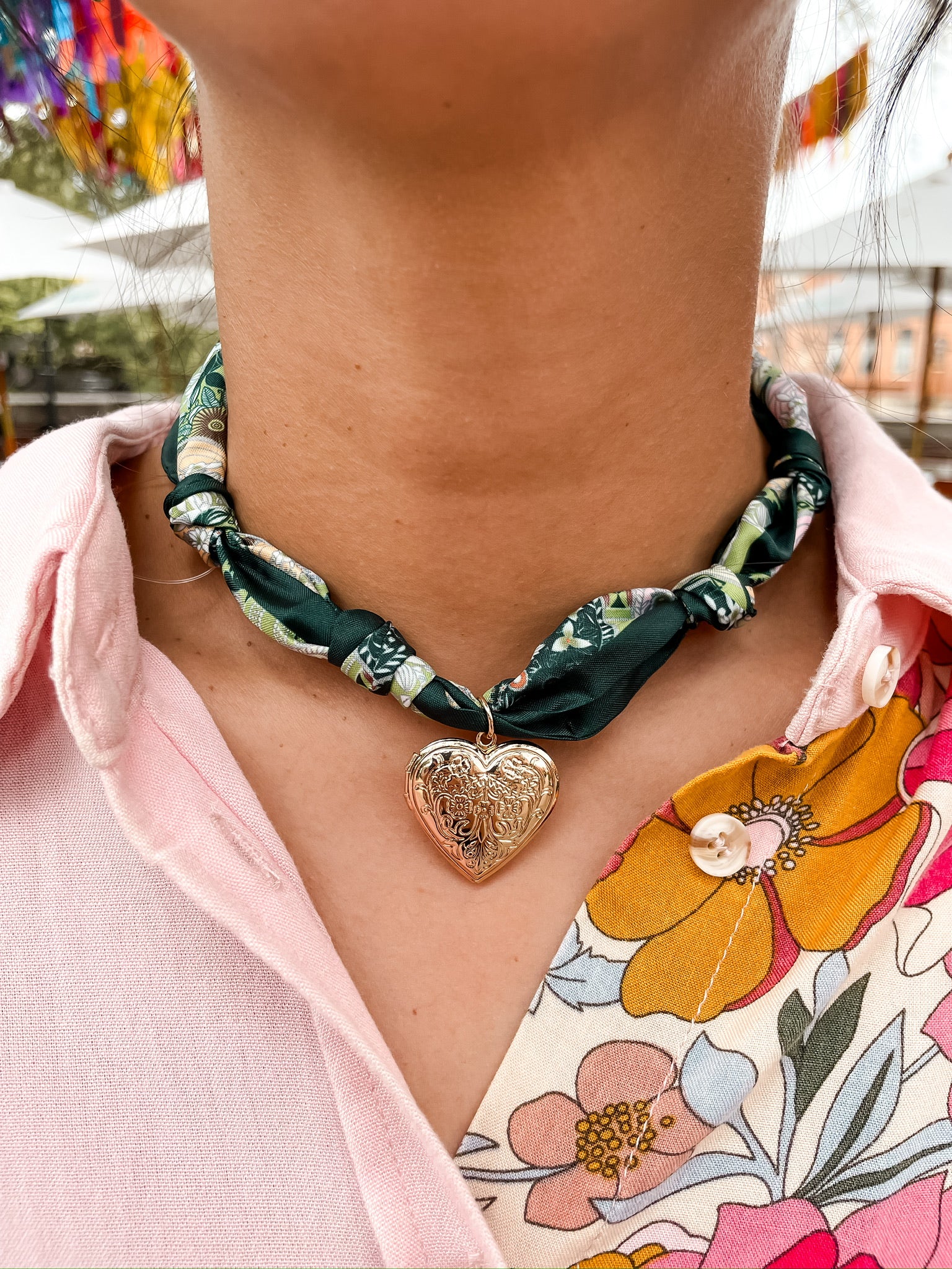 Green Etched Heart Scarf Necklace