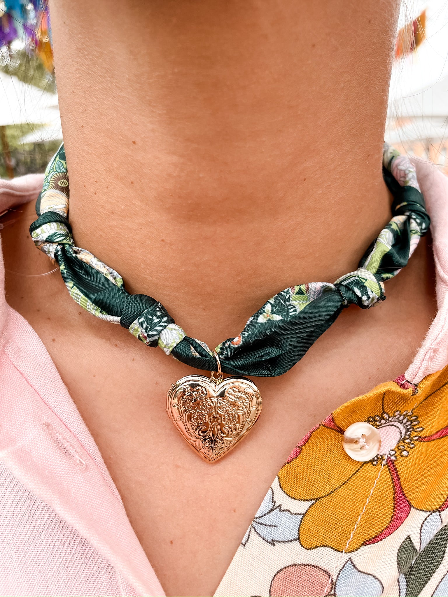 Green Etched Heart Scarf Necklace