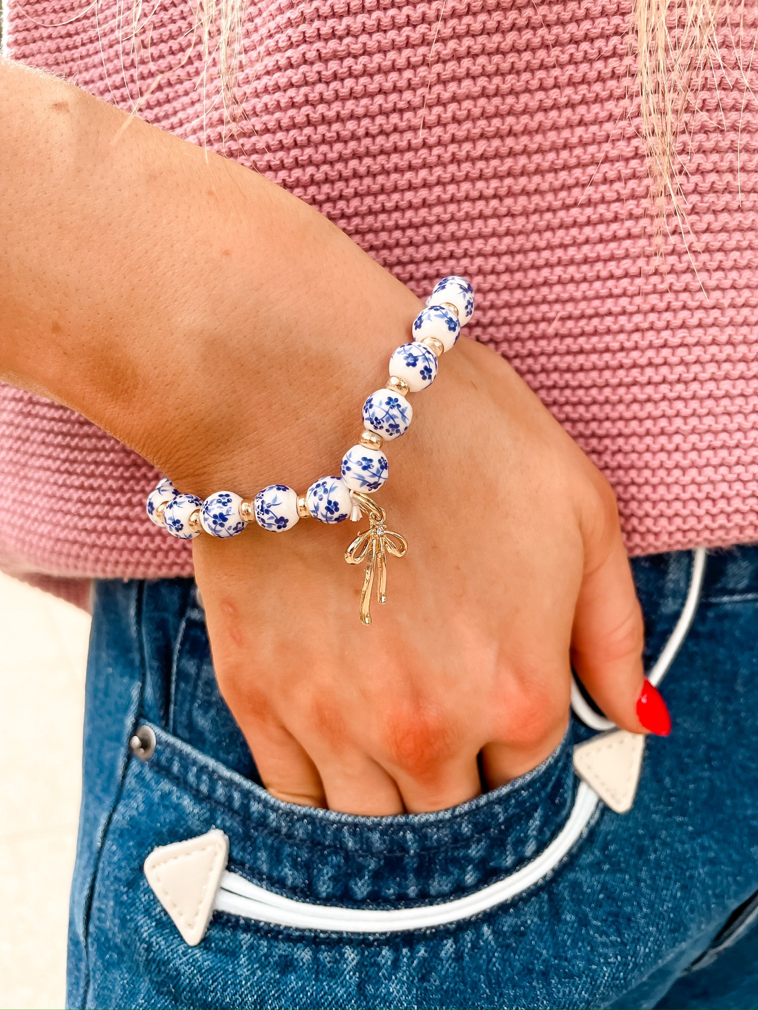 Blue Porcelain Beaded Bow Bracelet