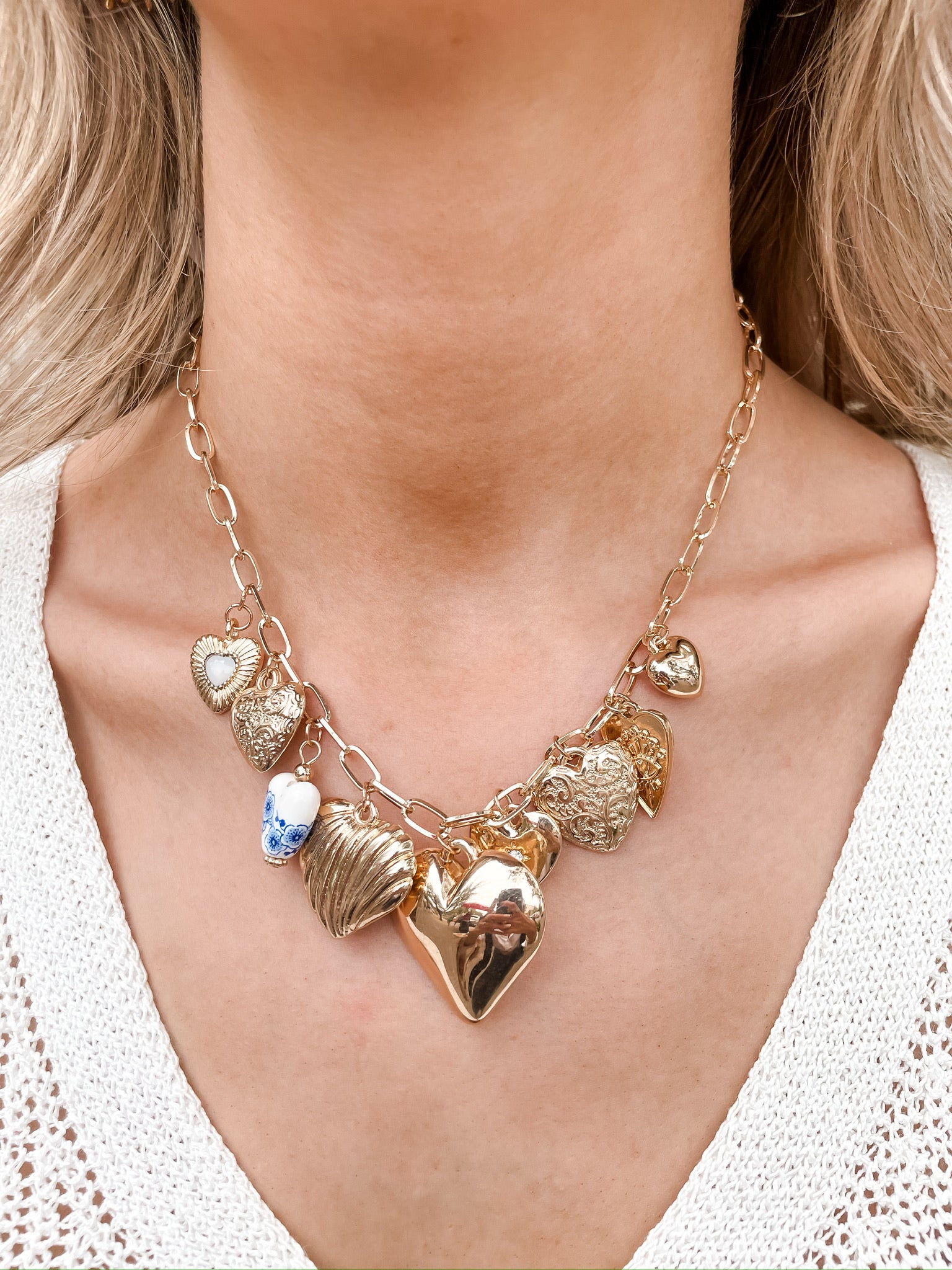 Hearts + Porcelain Blue Charm Necklace