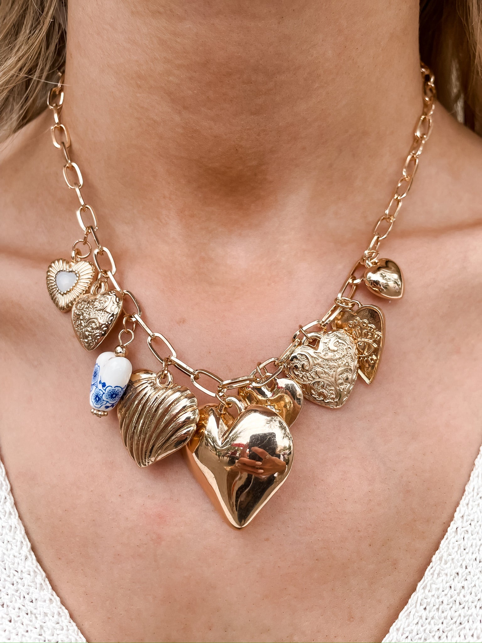 Hearts + Porcelain Blue Charm Necklace