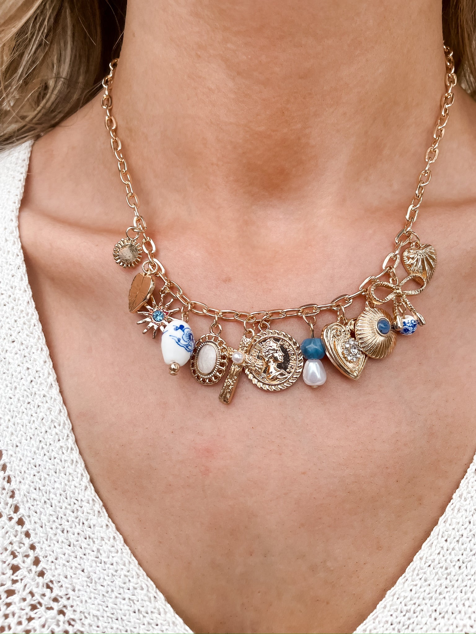 Blue Porcelain + Pearl Cross Charm Necklace