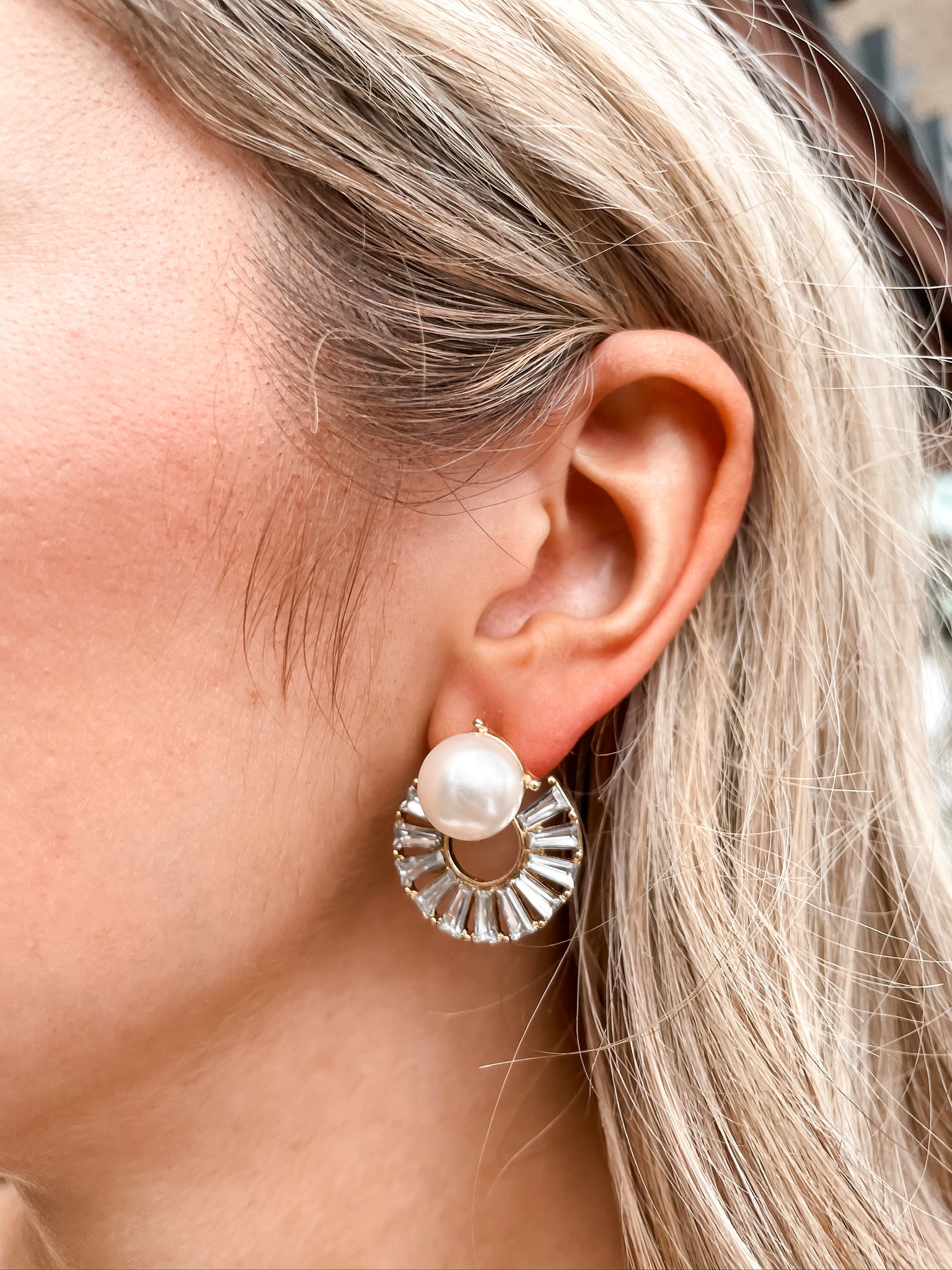 Rhinestone Pearl Hoop Earrings - Gold