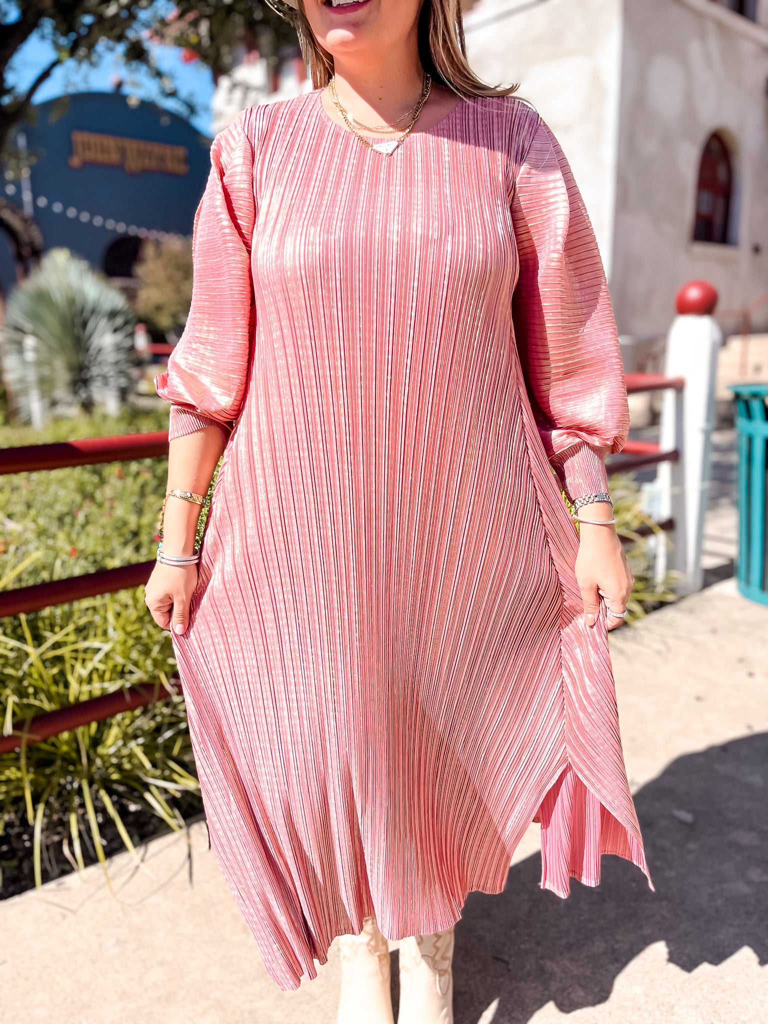 Metallic Pleats Dress - Pink